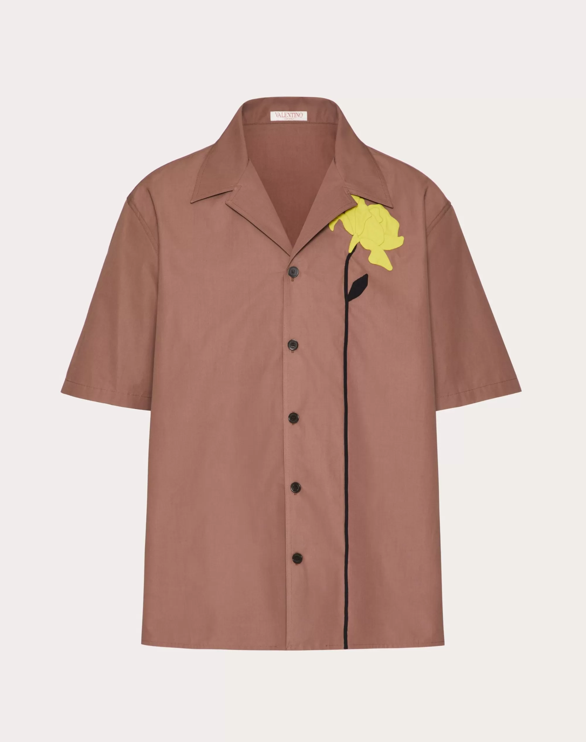 Valentino COTTON POPLIN BOWLING SHIRT WITH FLORAL CUT-OUT EMBROIDERY Mauve Hot