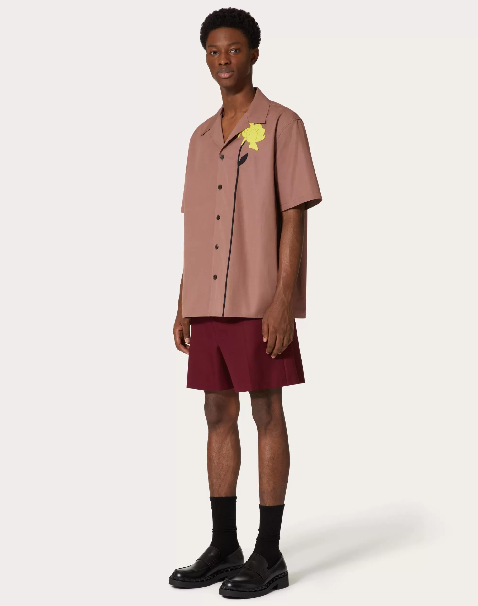 Valentino COTTON POPLIN BOWLING SHIRT WITH FLORAL CUT-OUT EMBROIDERY Mauve Hot
