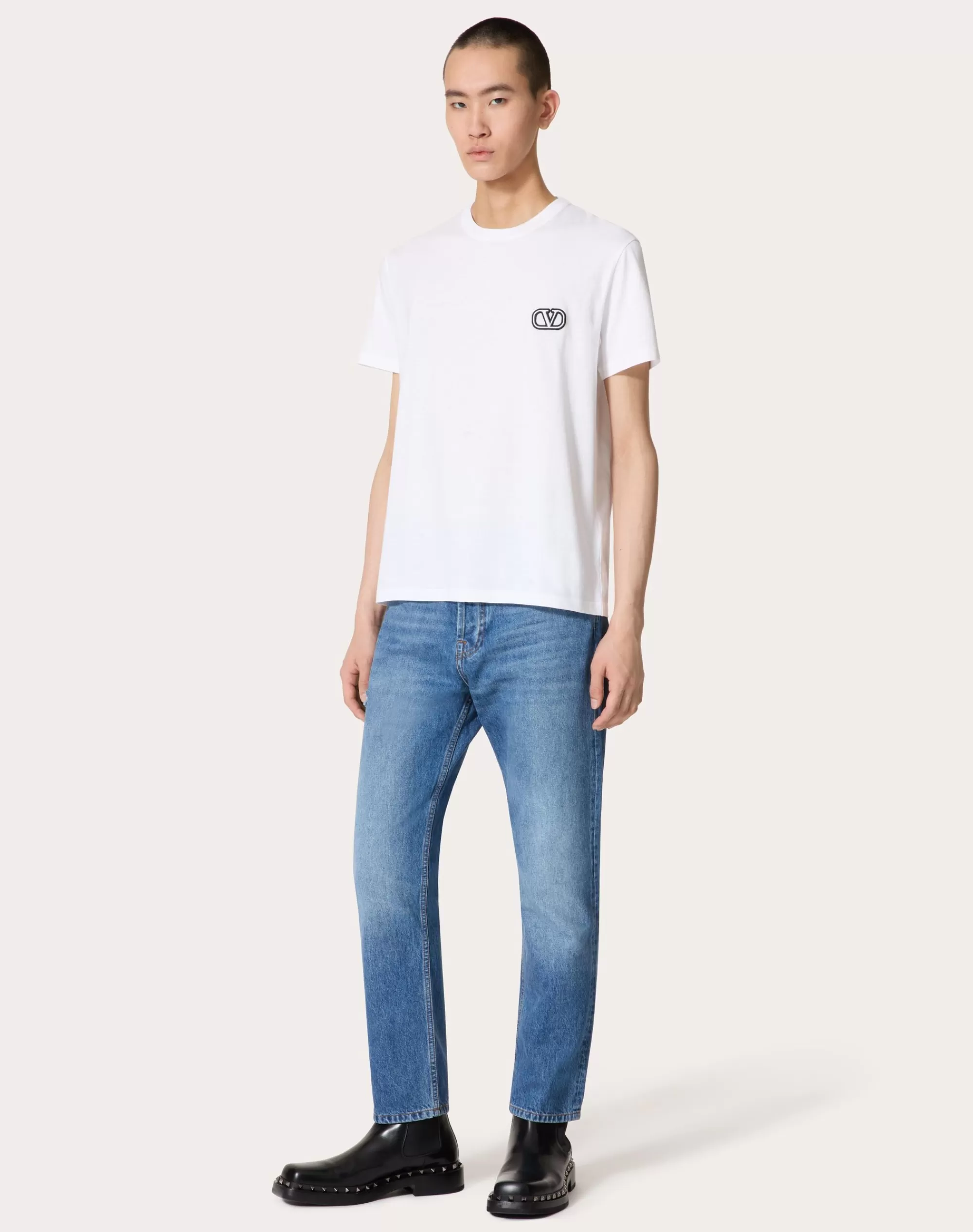 Valentino COTTON T-SHIRT WITH VLOGO SIGNATURE PATCH Online