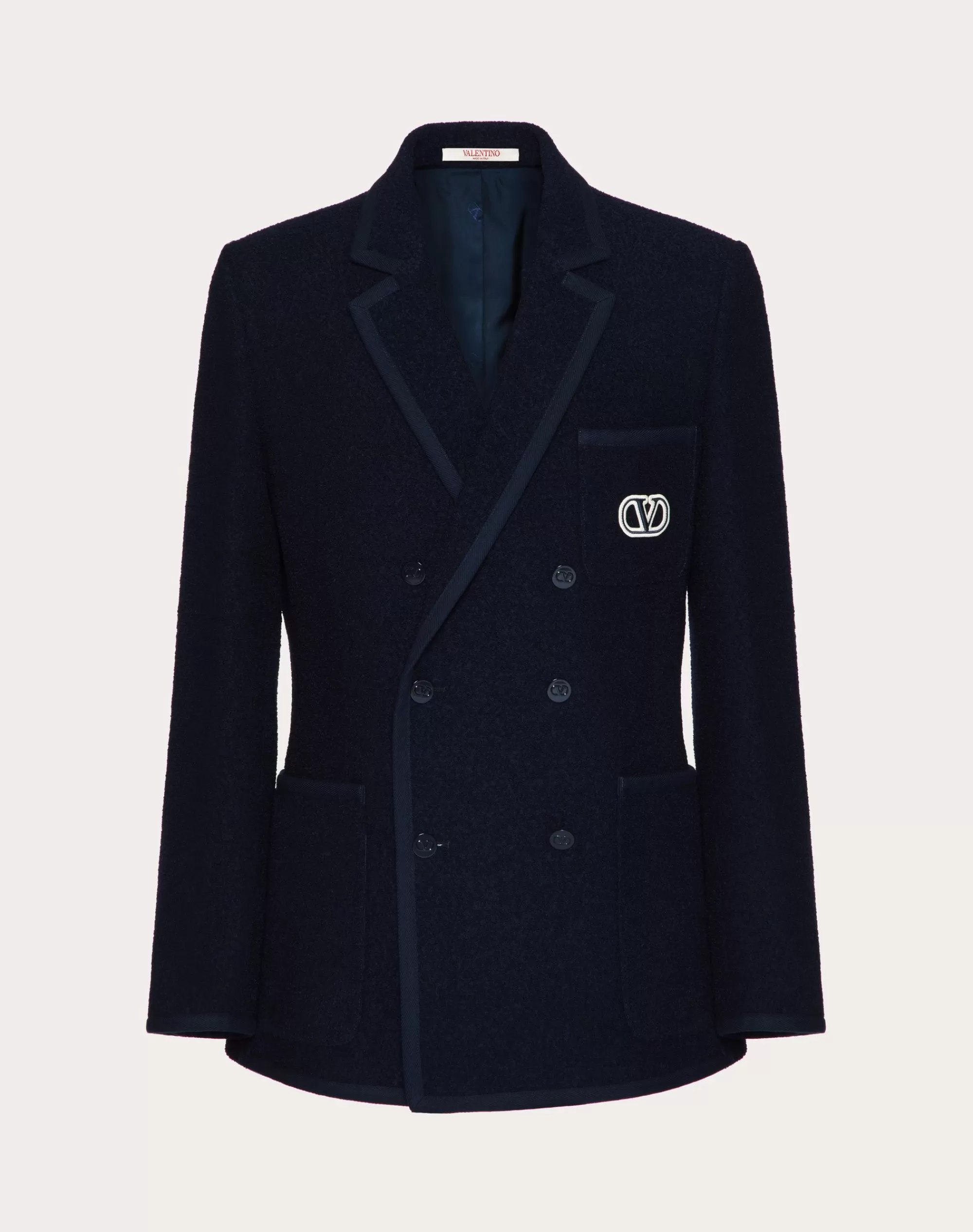 Valentino DOUBLE-BREASTED BOUCLÉ WOOL JACKET WITH VLOGO SIGNATURE EMBROIDERY Navy Discount
