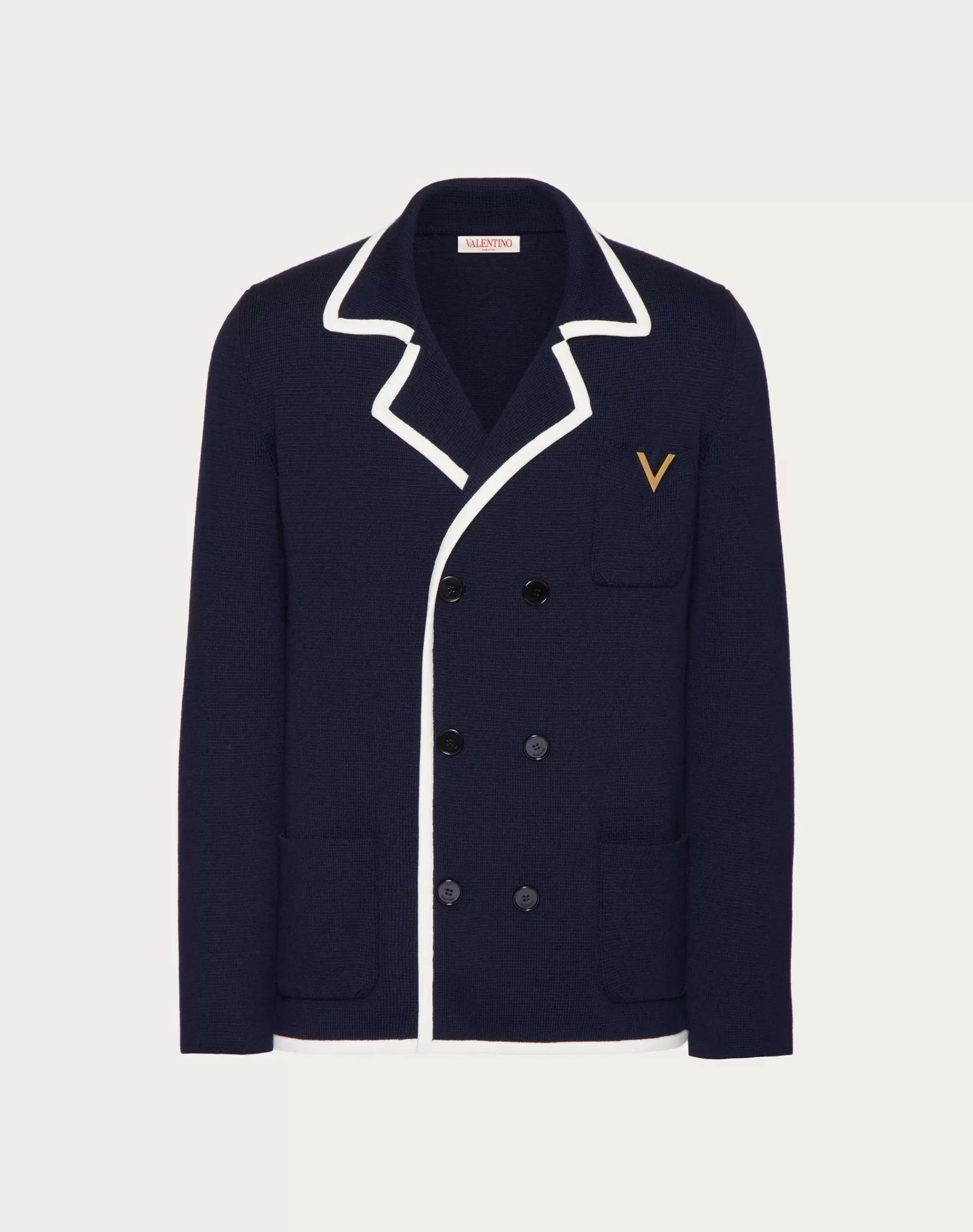 Valentino DOUBLE-BREASTED WOOL JACKET WITH METALLIC V DETAIL Navy/ivory Flash Sale