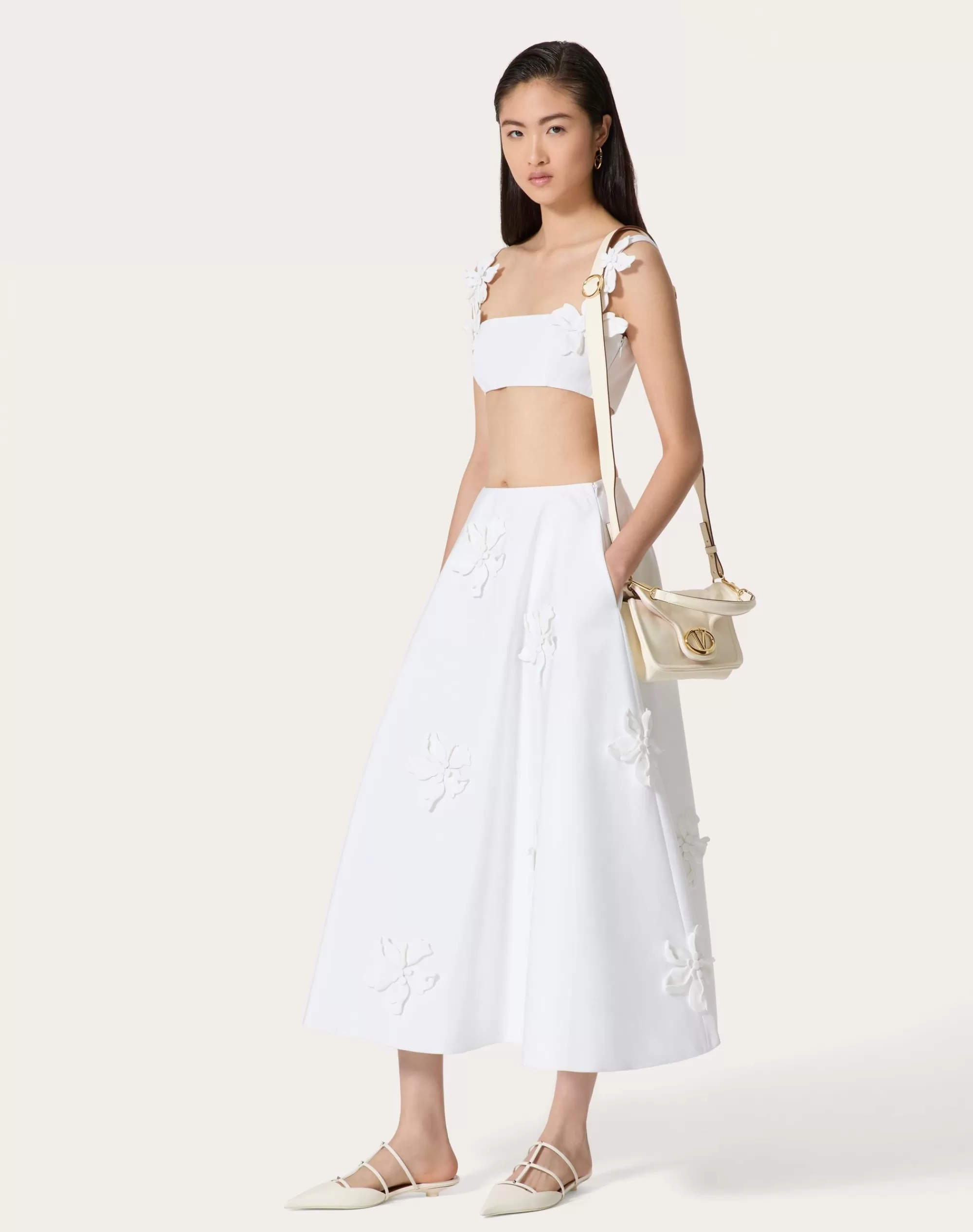 Valentino EMBROIDERED COMPACT POPELINE MIDI SKIRT White Flash Sale