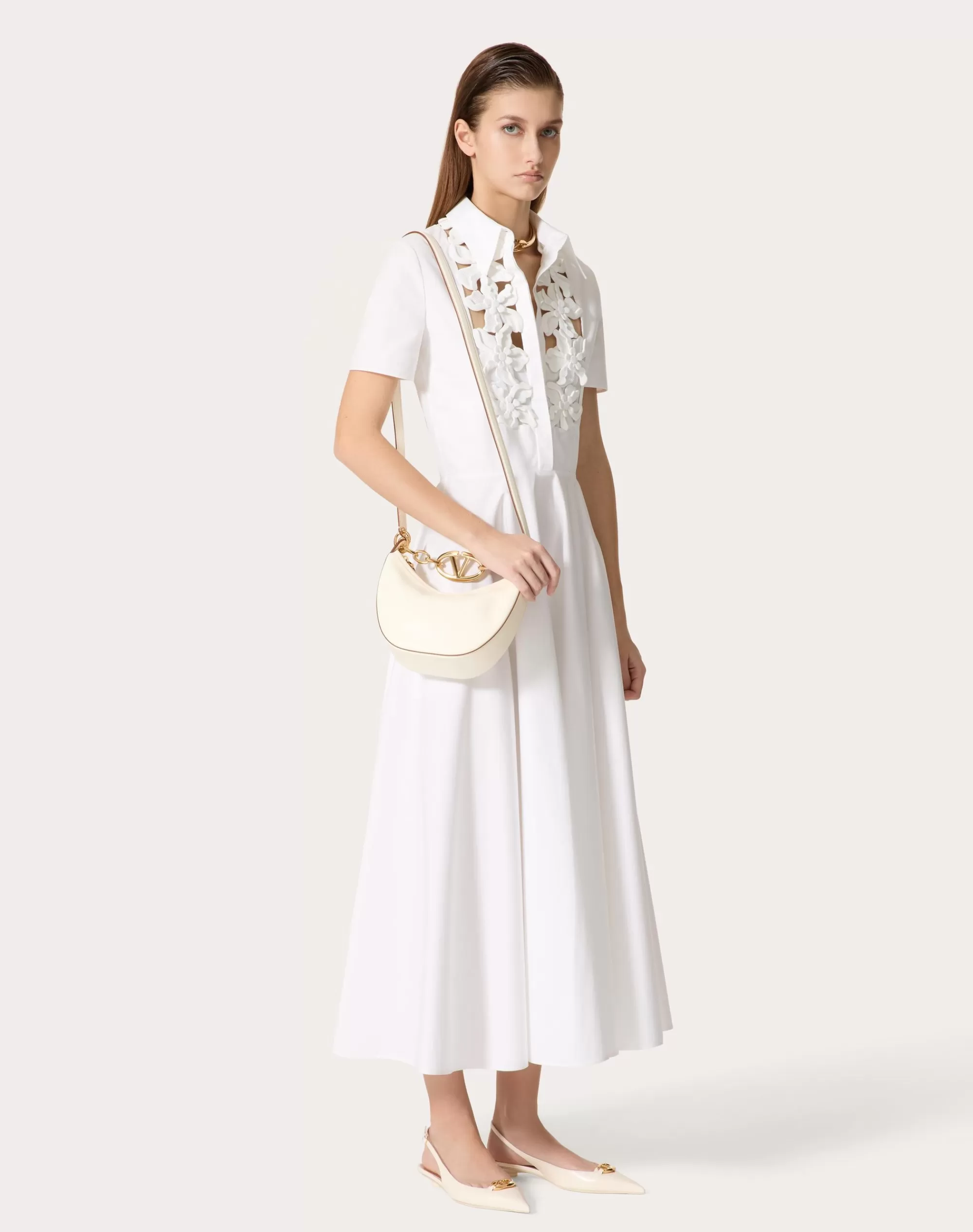 Valentino EMBROIDERED COMPACT POPLIN MIDI DRESS White Hot