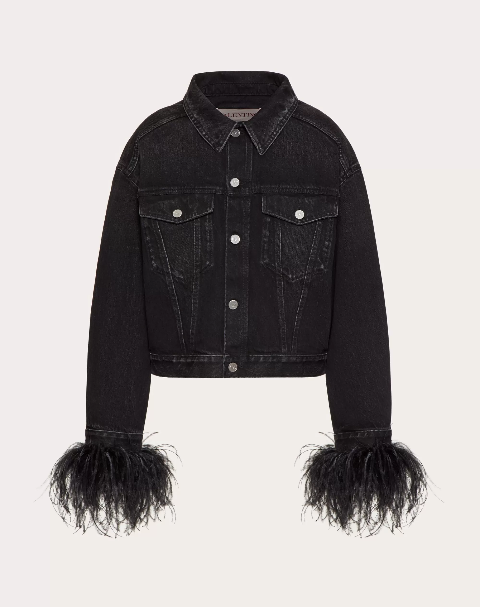 Valentino EMBROIDERED DENIM JACKET WITH FEATHERS Black Cheap