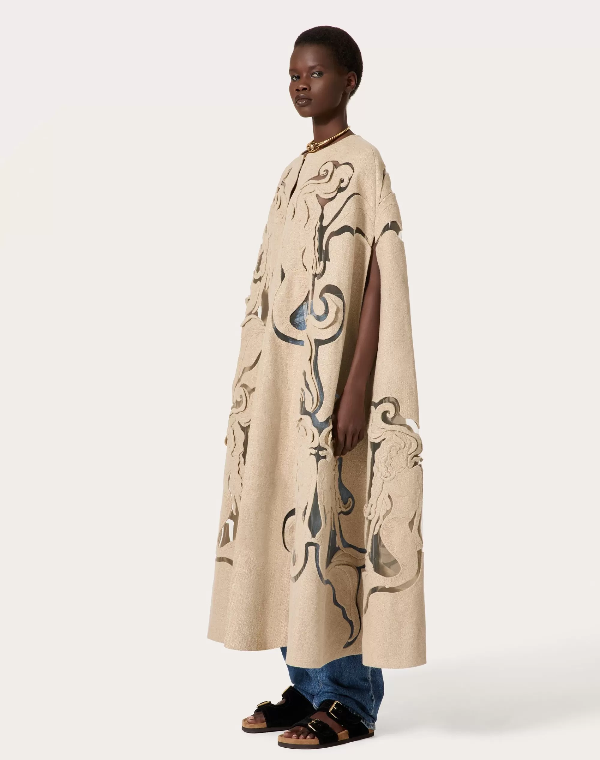 Valentino EMBROIDERED LINEN CANVAS CAPE Beige Cheap