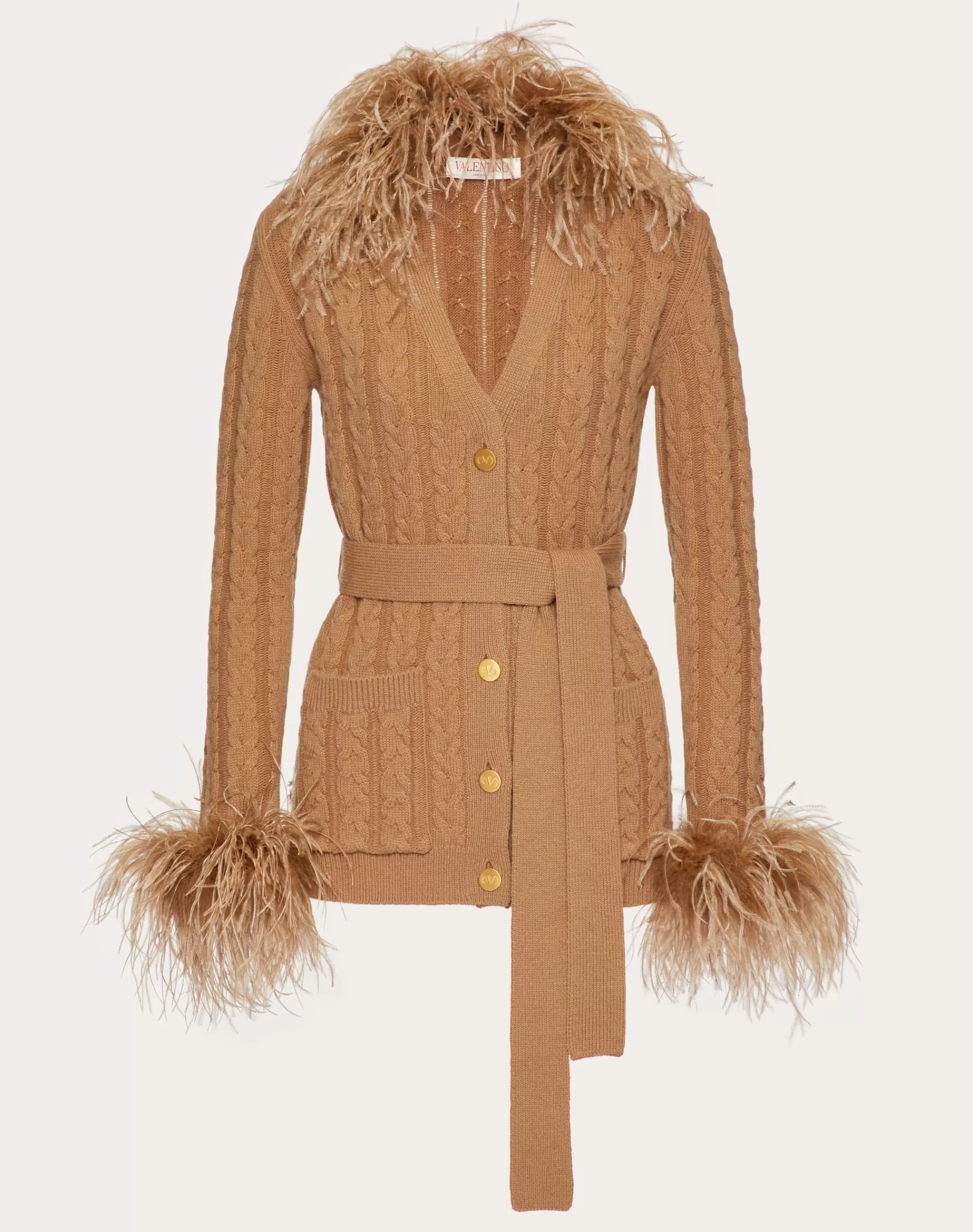 Valentino EMBROIDERED WOOL CARDIGAN WITH FEATHERS Camel Cheap