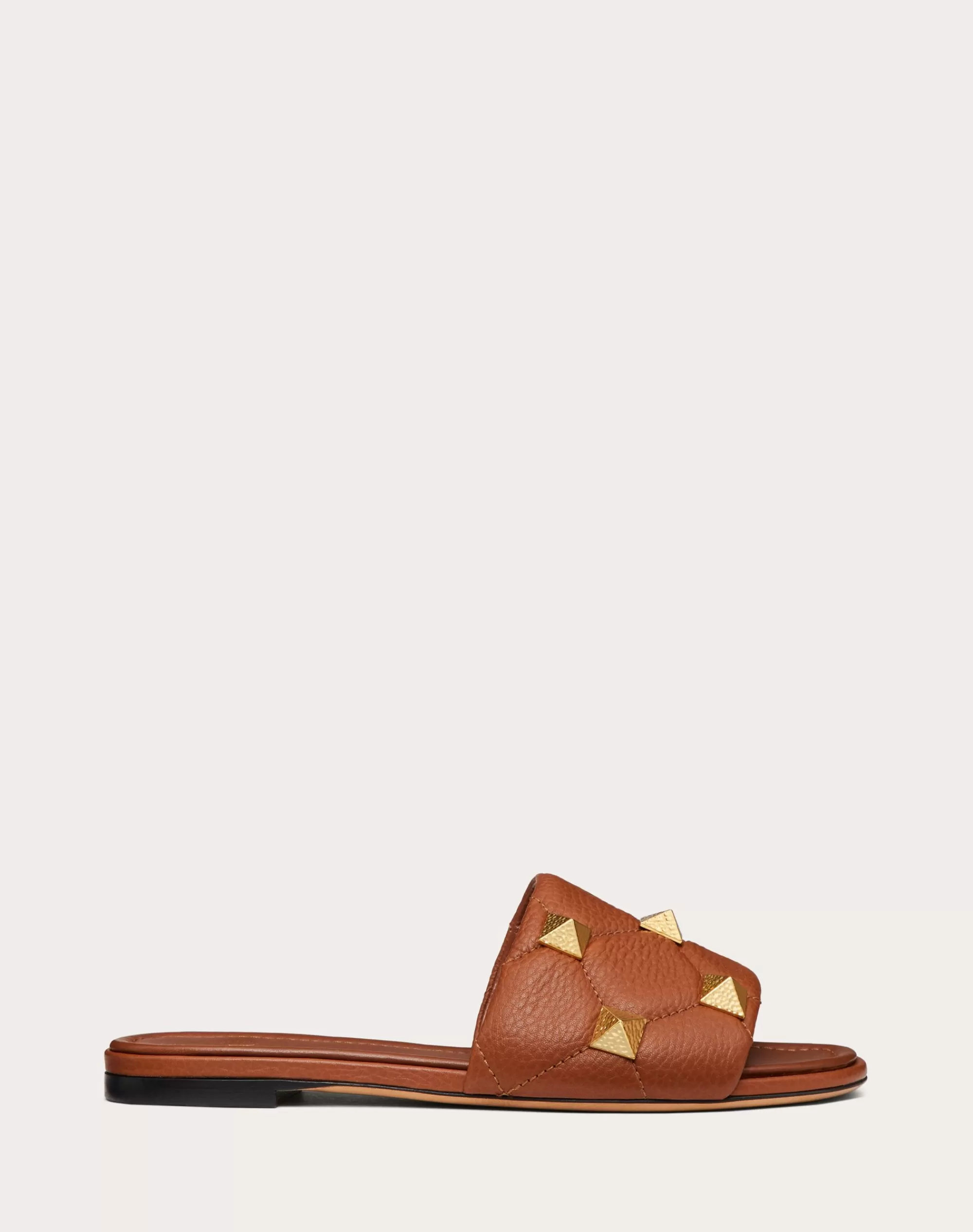 Valentino FLAT ROMAN STUD SLIDE SANDAL IN QUILTED GRAINY CALFSKIN SaddleBrown Hot