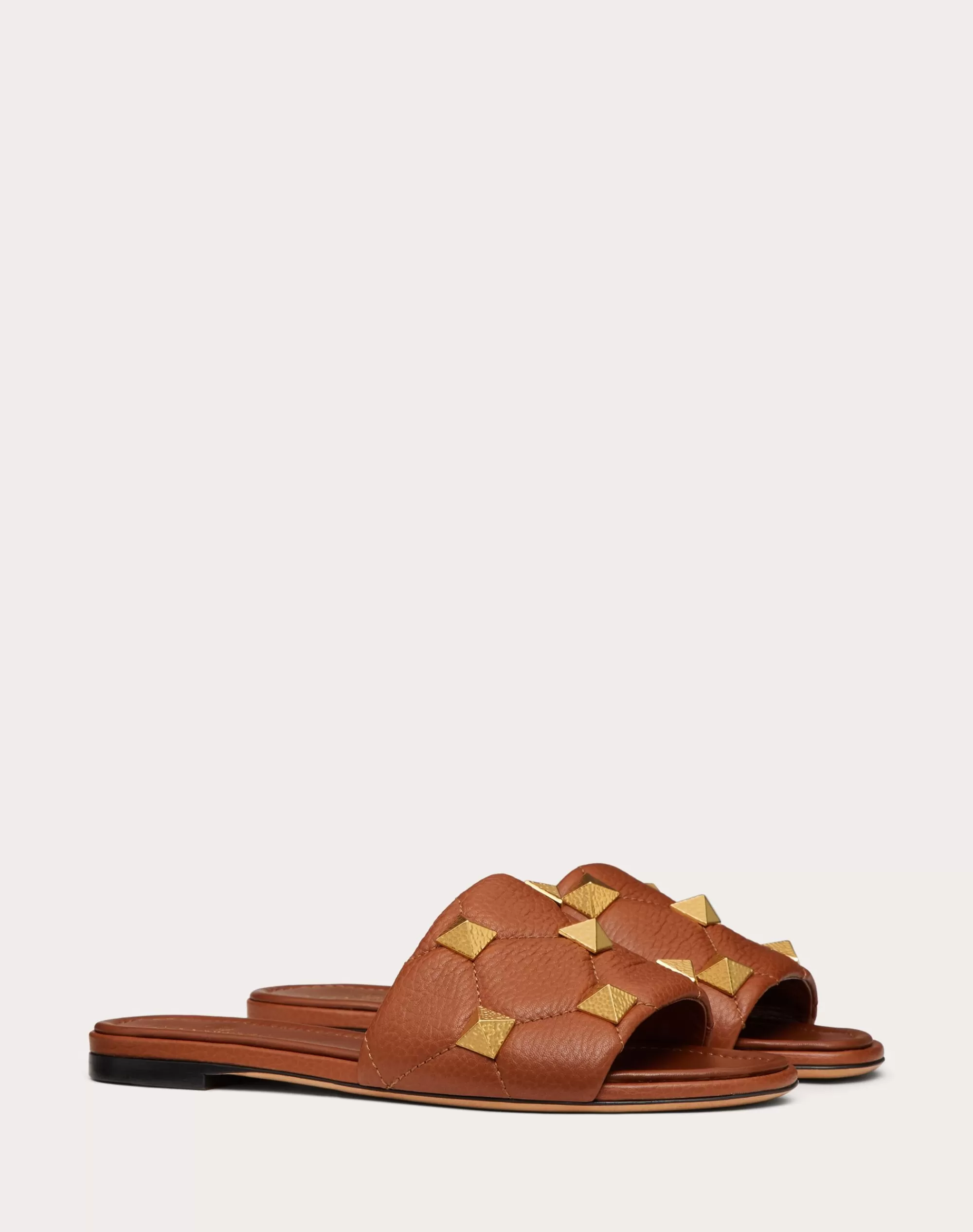 Valentino FLAT ROMAN STUD SLIDE SANDAL IN QUILTED GRAINY CALFSKIN SaddleBrown Hot