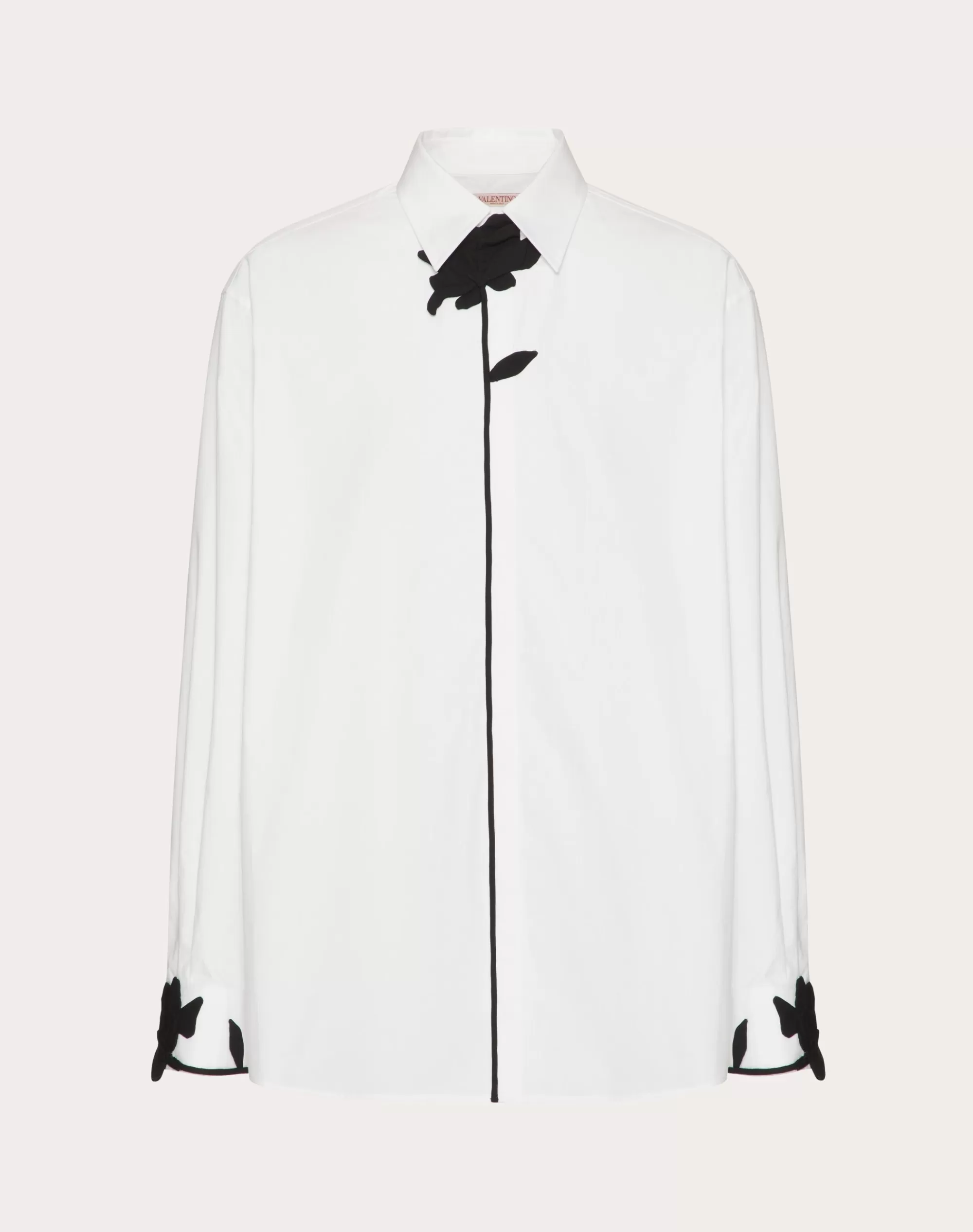 Valentino LONG-SLEEVED COTTON POPLIN SHIRT WITH FLOWER EMBROIDERY White/Black Hot