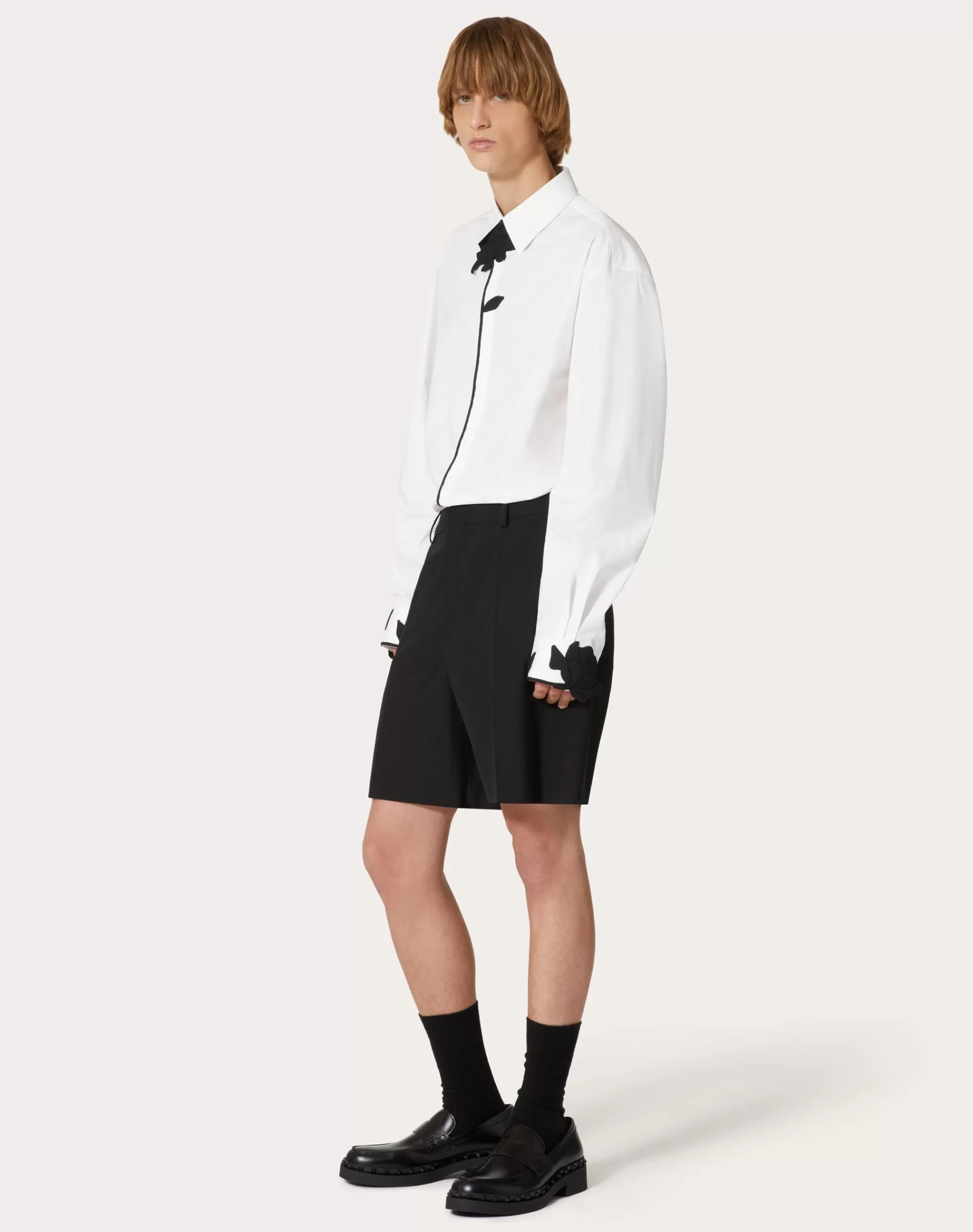 Valentino LONG-SLEEVED COTTON POPLIN SHIRT WITH FLOWER EMBROIDERY White/Black Hot