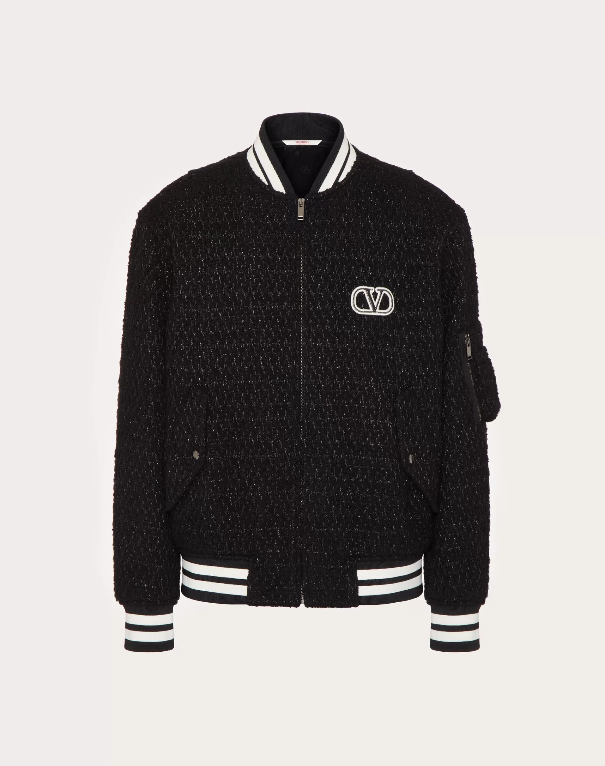 Valentino LUREX WOOL TWEED BOMBER JACKET WITH VLOGO SIGNATURE PATCH Black Flash Sale