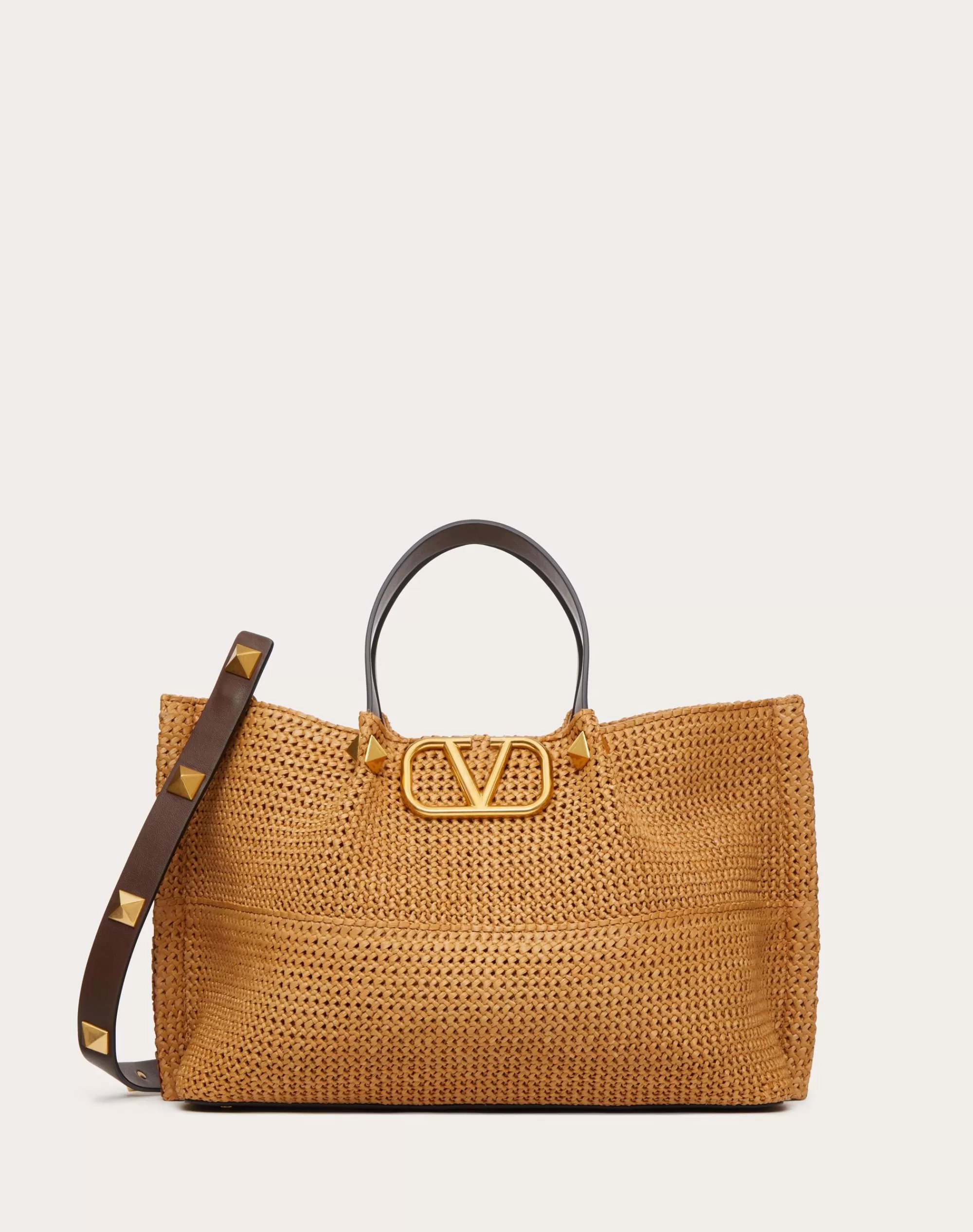 Valentino MEDIUM SHOPPING BAG IN SYNTHETIC RAFFIA Biscuit/chocolate Store