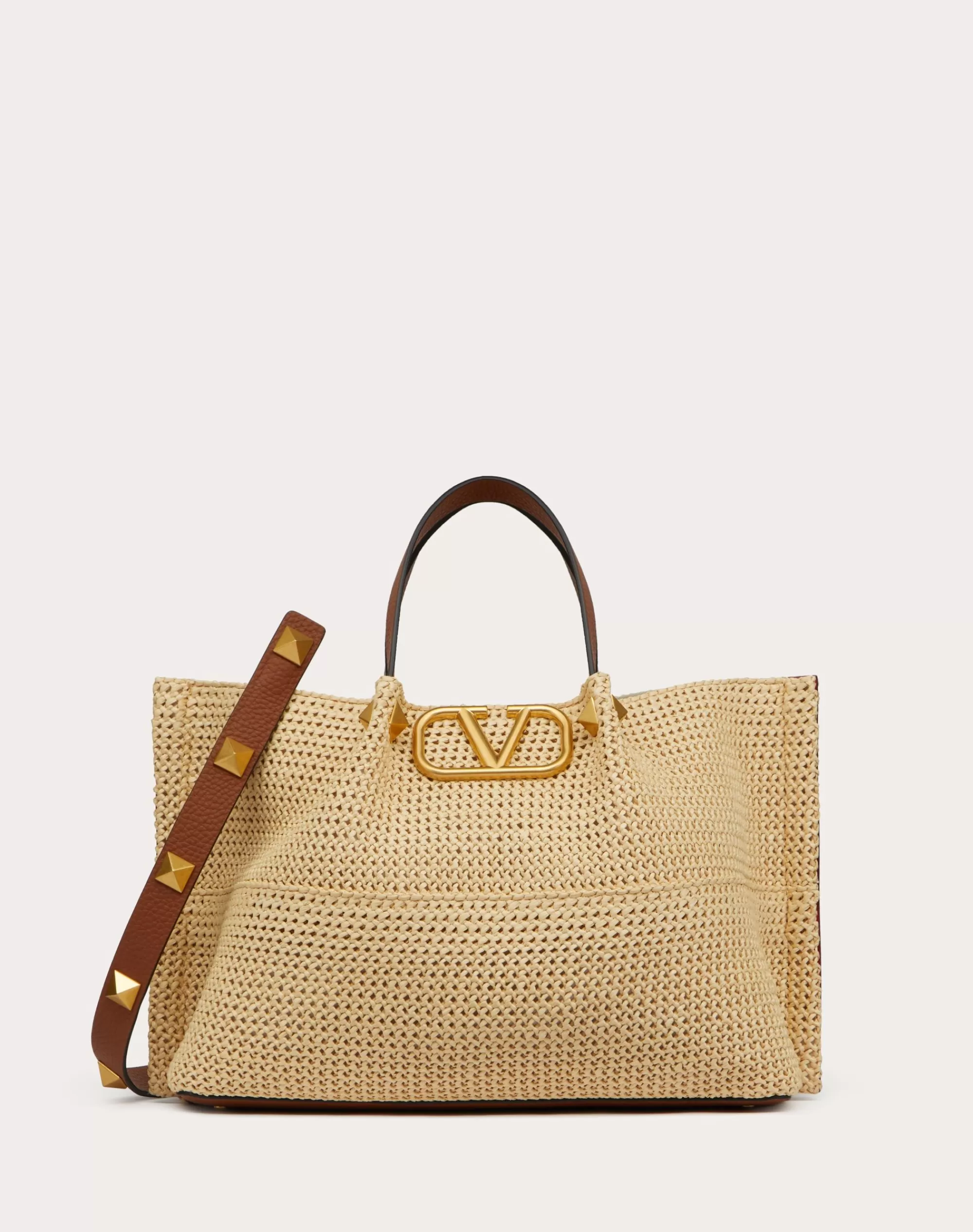 Valentino MEDIUM STRAW SUMMER TOTE SaddleBrown/natural/rougePur Hot