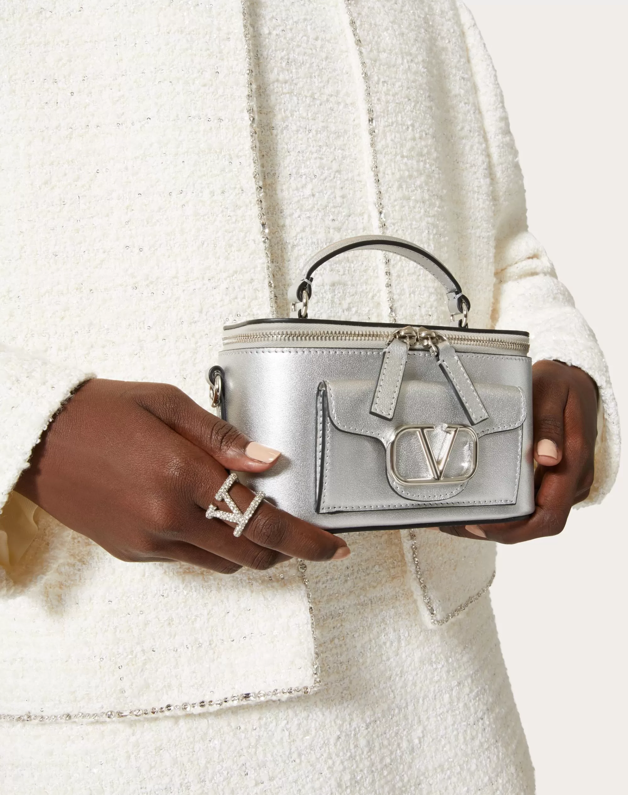 Valentino MINI LOCÒ HANDBAG IN METALLIC CALFSKIN Silver Discount