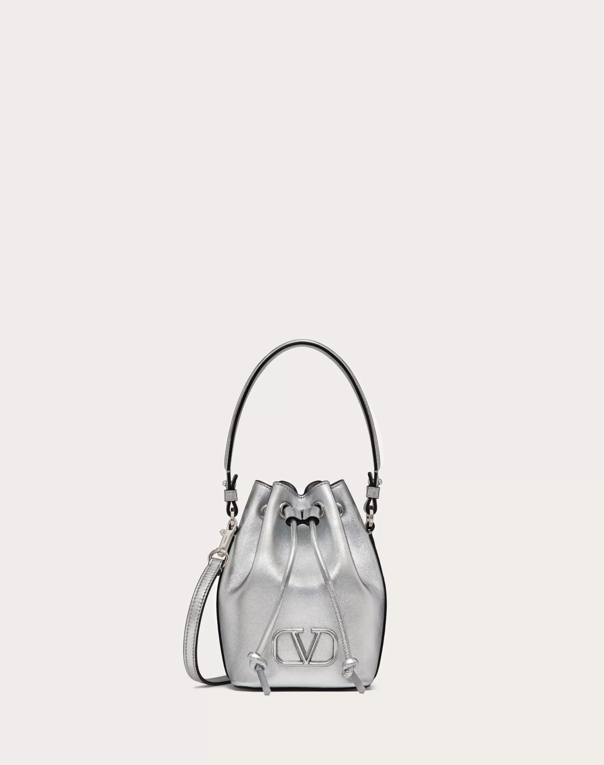 Valentino MINI VLOGO SIGNATURE BUCKET BAG IN METALLIC NAPPA LEATHER Silver Best