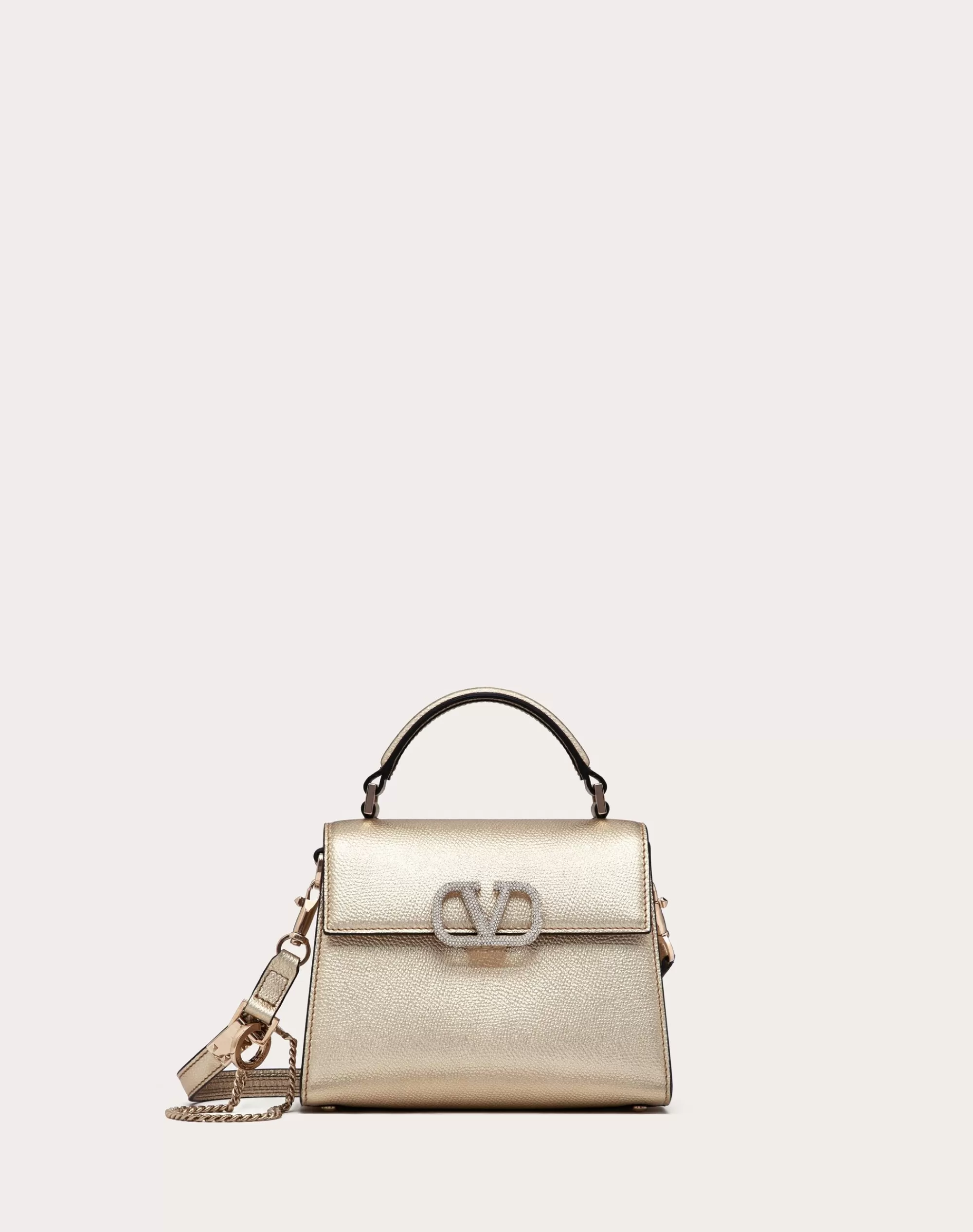 Valentino MINI VSLING HANDBAG IN METALLIC GRAINY CALFSKIN Platinum/crystal Flash Sale