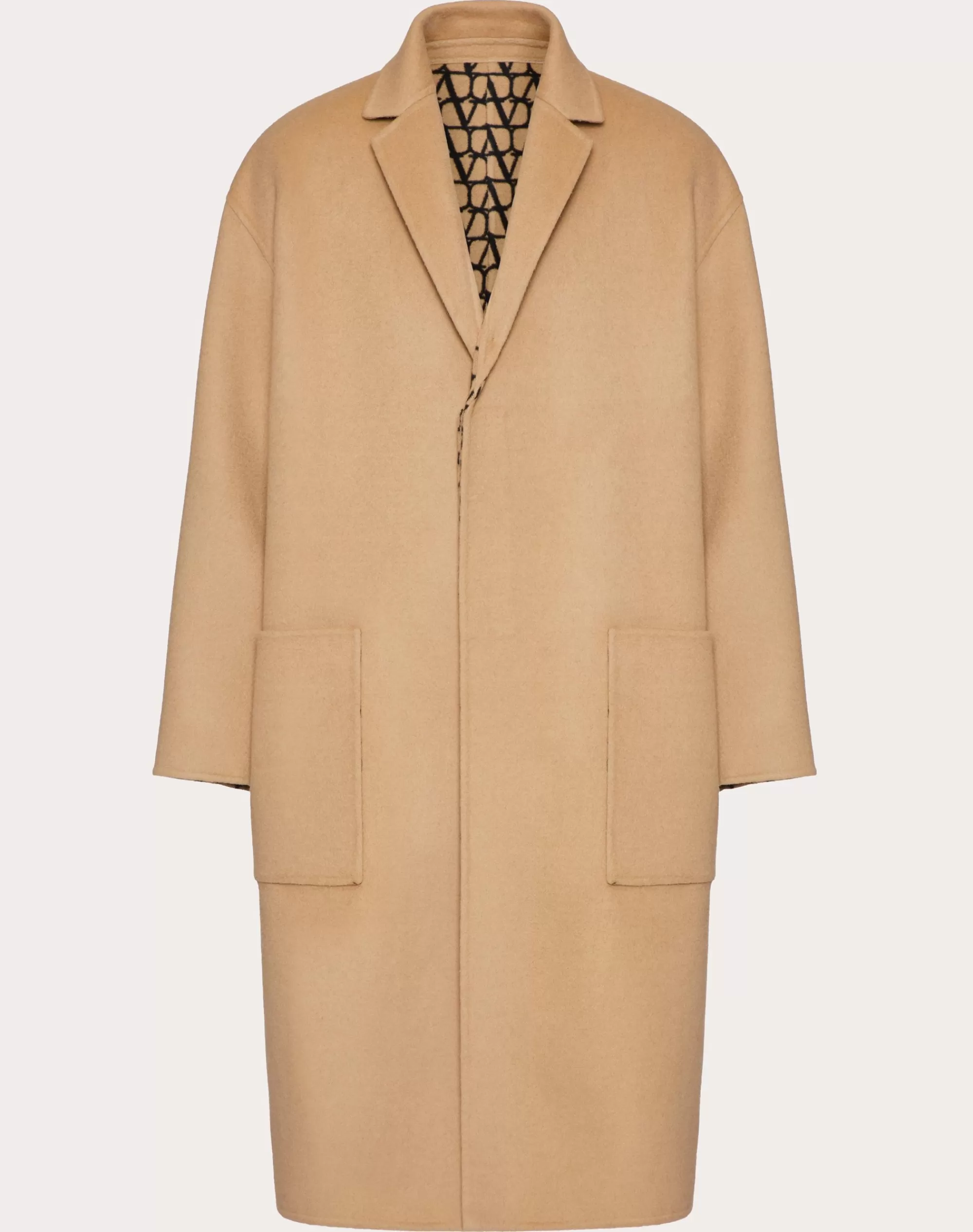 Valentino REVERSIBLE DOUBLE-FACED WOOL COAT WITH TOILE ICONOGRAPHE PATTERN Camel Cheap