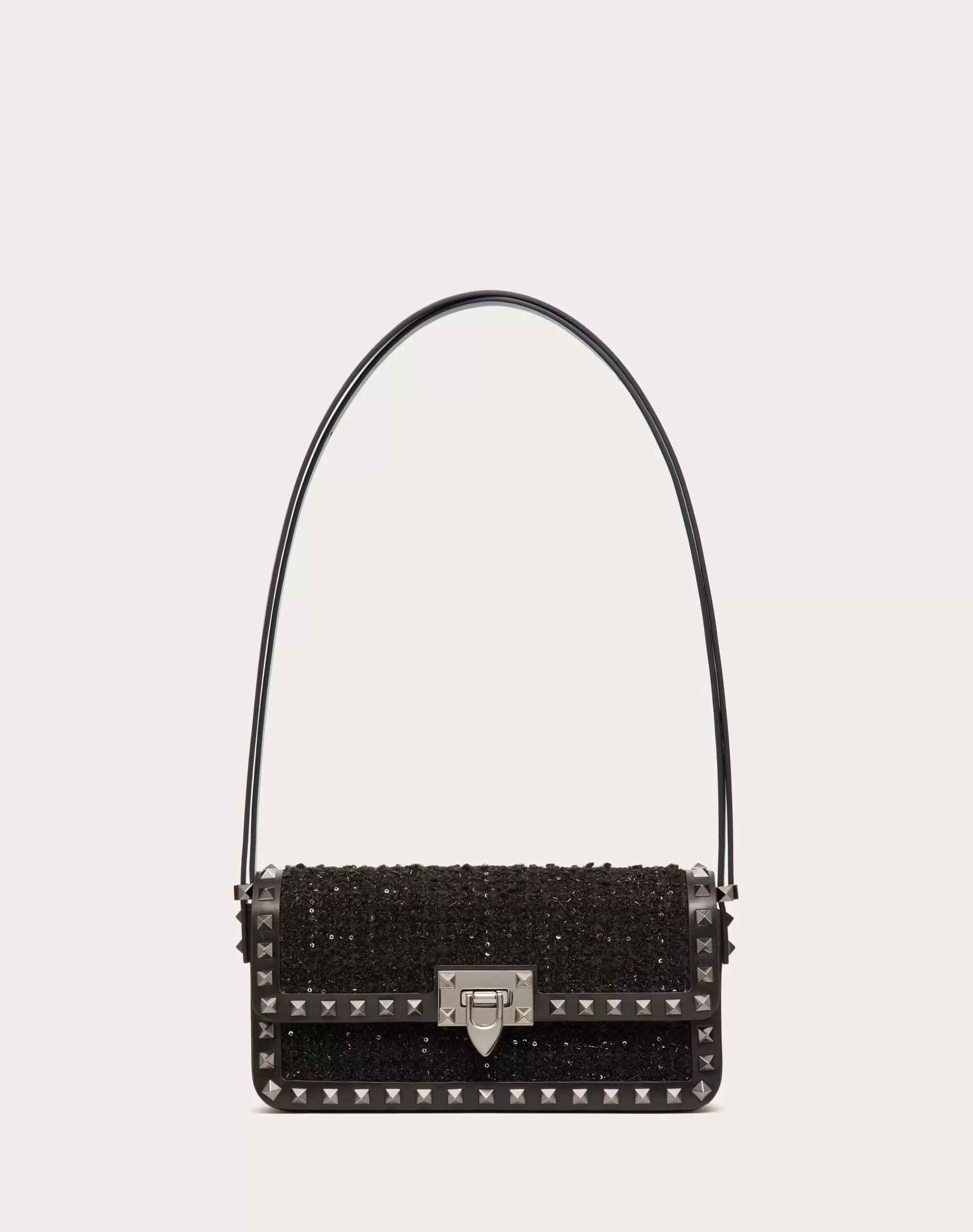 Valentino ROCKSTUD23 E/W TWEED SHOULDER BAG Black Fashion