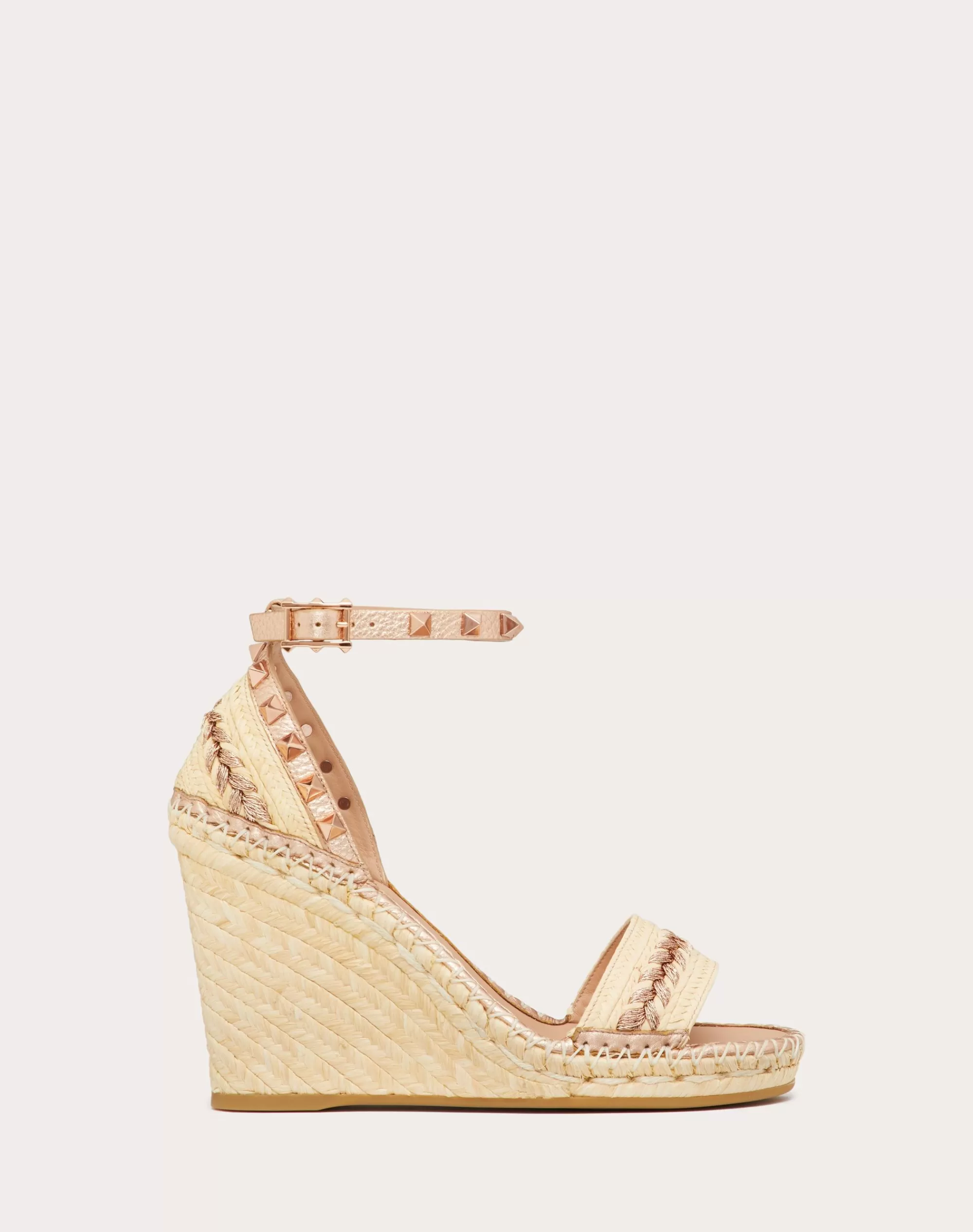Valentino ROCKSTUD DOUBLE RAFFIA WEDGE SANDAL WITH TONE-ON-TONE STUDS 105MM Natural/copper Store
