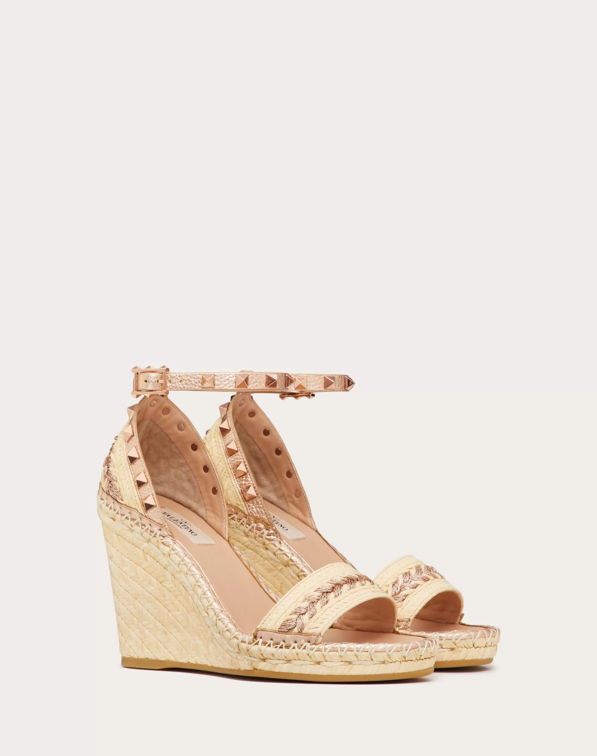 Valentino ROCKSTUD DOUBLE RAFFIA WEDGE SANDAL WITH TONE-ON-TONE STUDS 105MM Natural/copper Store