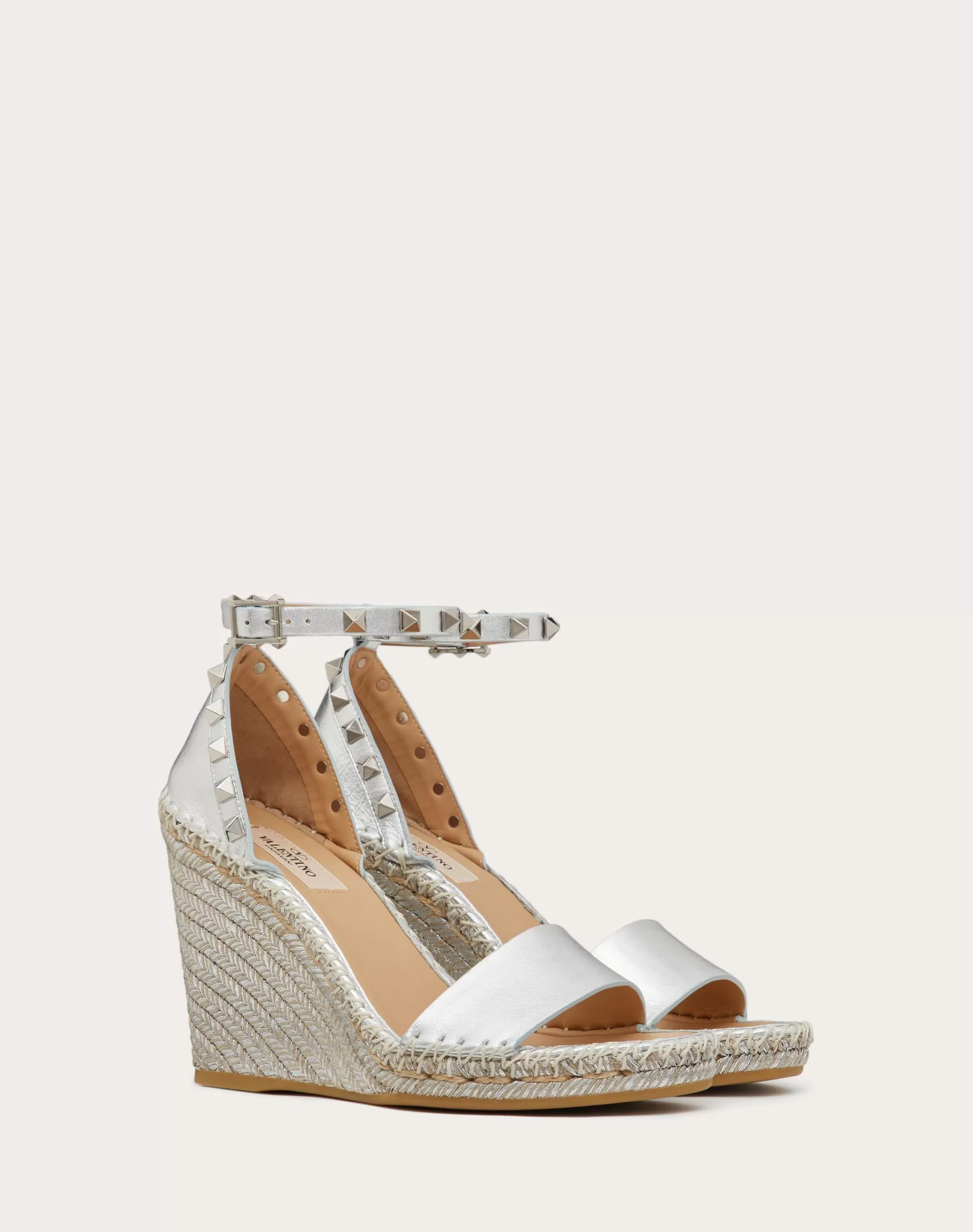 Valentino ROCKSTUD DOUBLE WEDGE SANDAL IN METALLIC NAPPA LEATHER 105 MM Silver Cheap