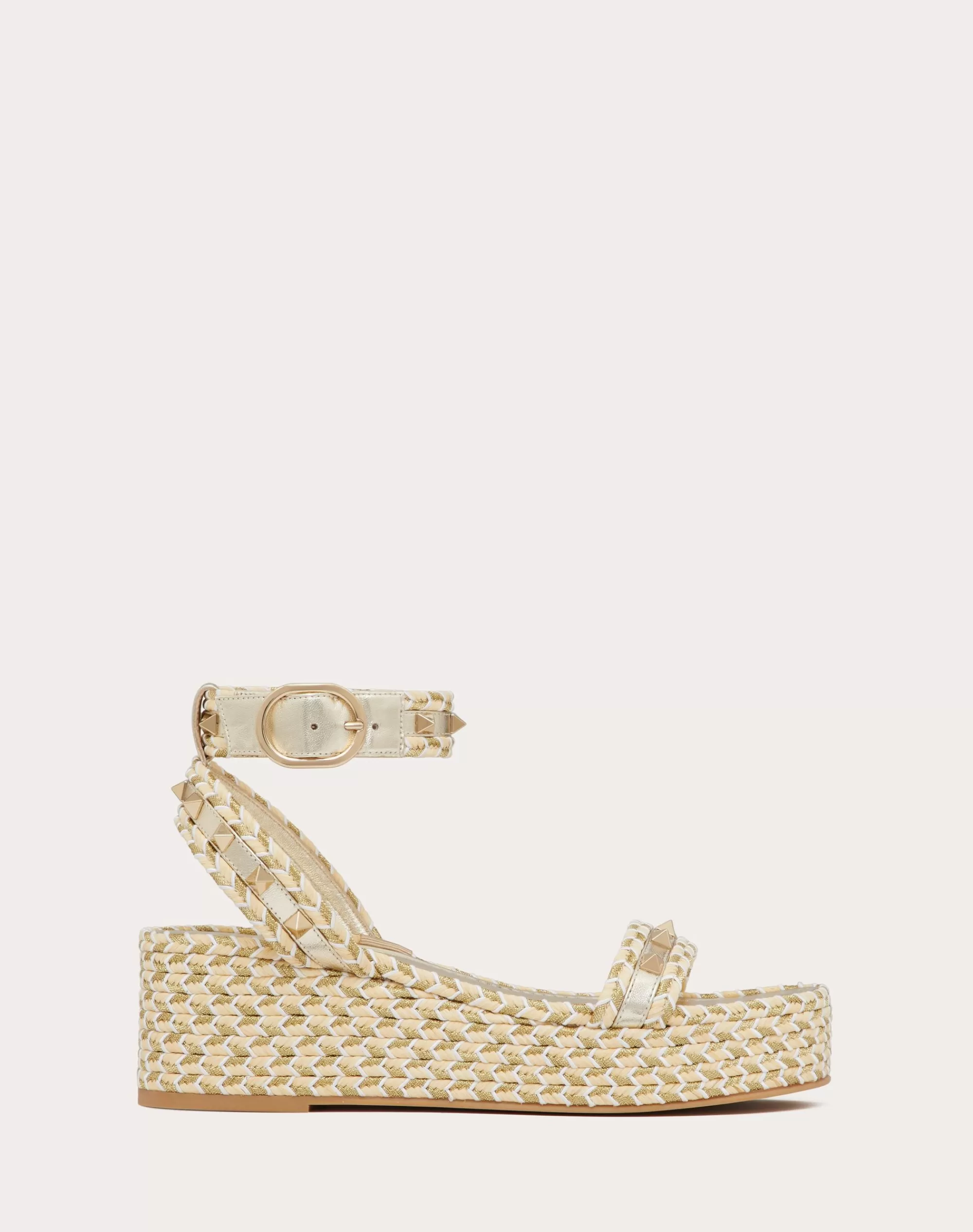 Valentino ROCKSTUD FLATFORM SANDAL IN LAMINATED NAPPA LEATHER 45MM Natural/ivory/gold/platinum Best Sale