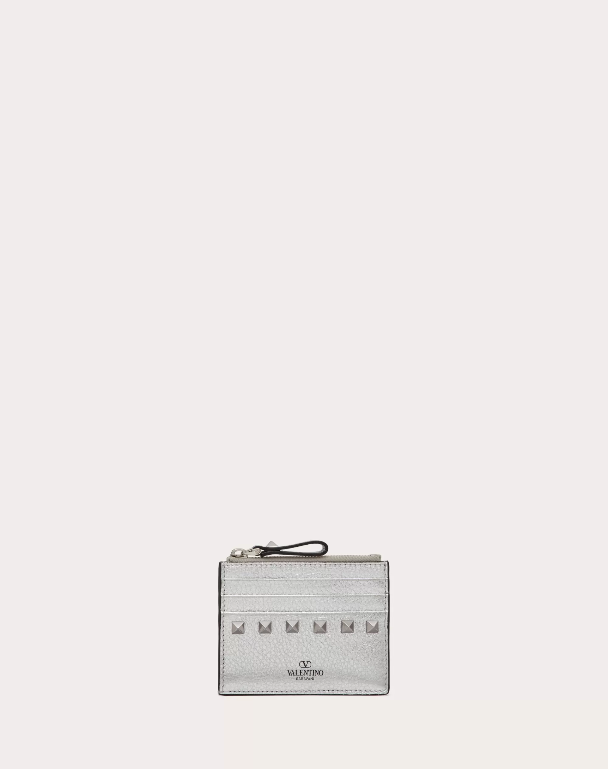 Valentino ROCKSTUD GRAINY METALLIC CALFSKIN CARD HOLDER WITH ZIPPER Silver Fashion