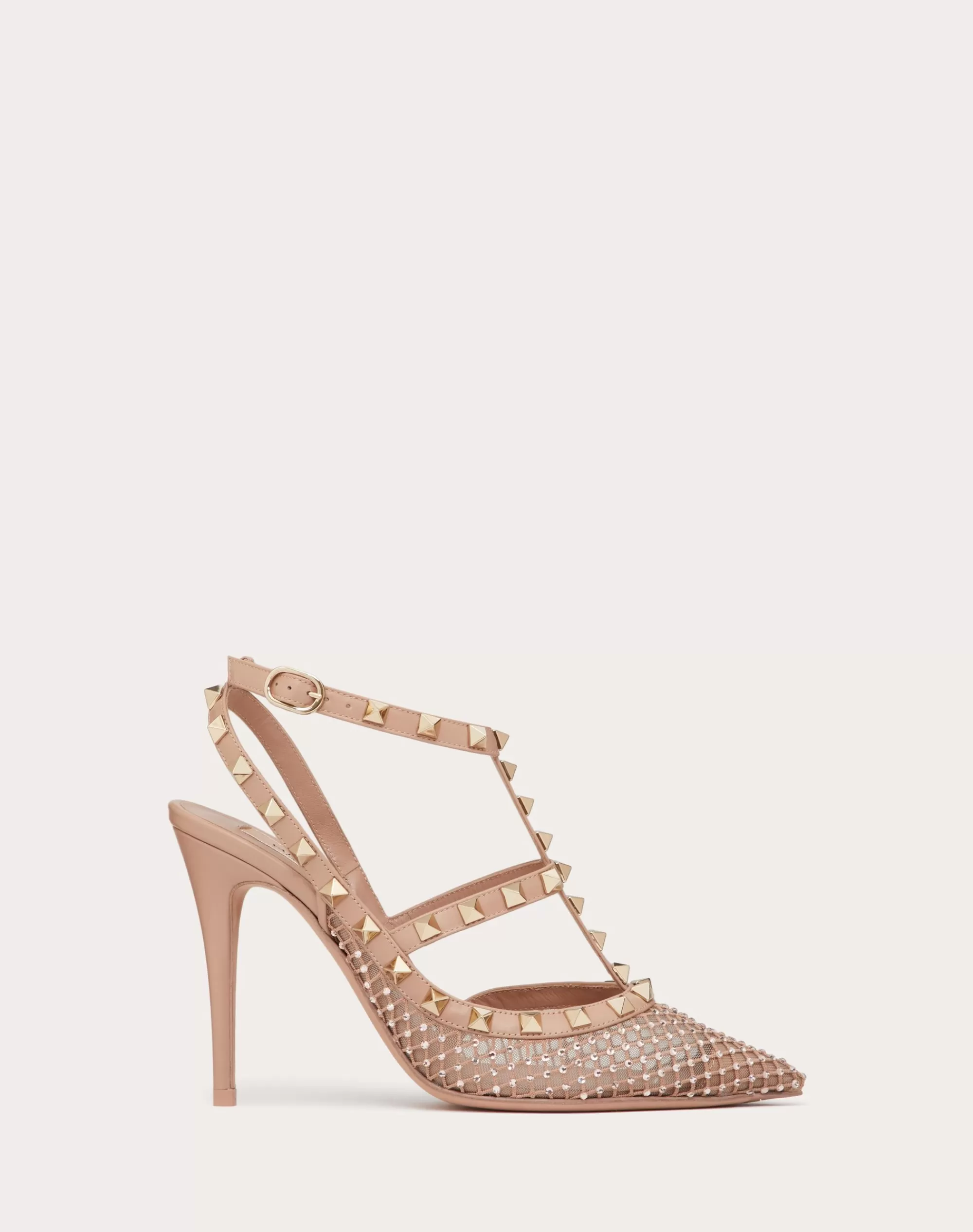 Valentino ROCKSTUD MESH PUMP WITH CRYSTALS AND STRAPS 100MM RoseCannelle Clearance