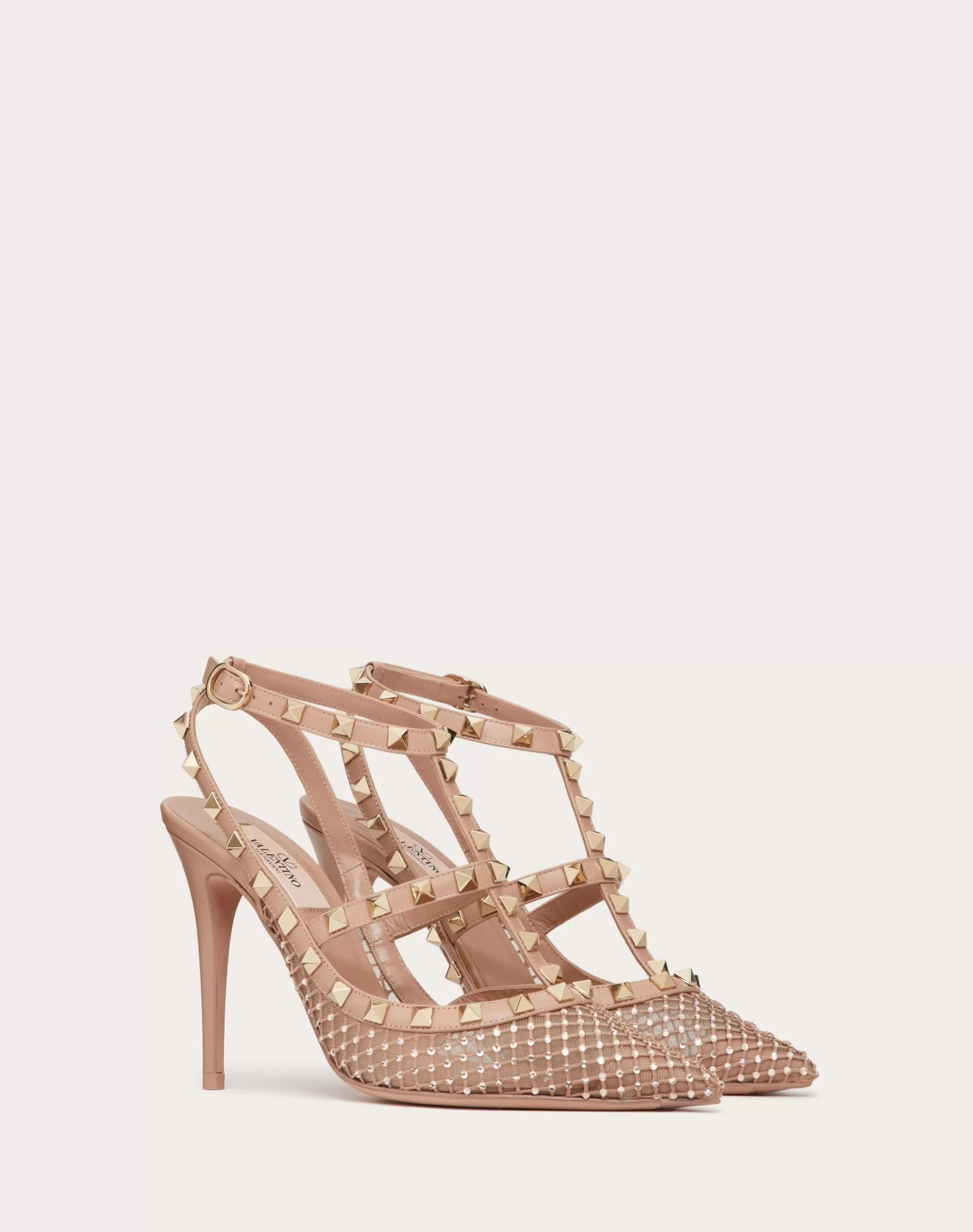 Valentino ROCKSTUD MESH PUMP WITH CRYSTALS AND STRAPS 100MM RoseCannelle Clearance