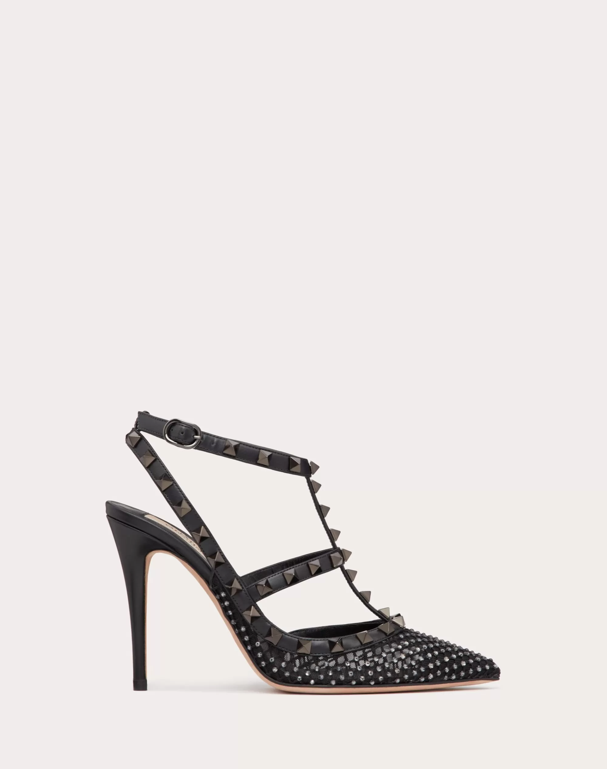 Valentino ROCKSTUD MESH PUMP WITH CRYSTALS AND STRAPS 100MM Black Hot