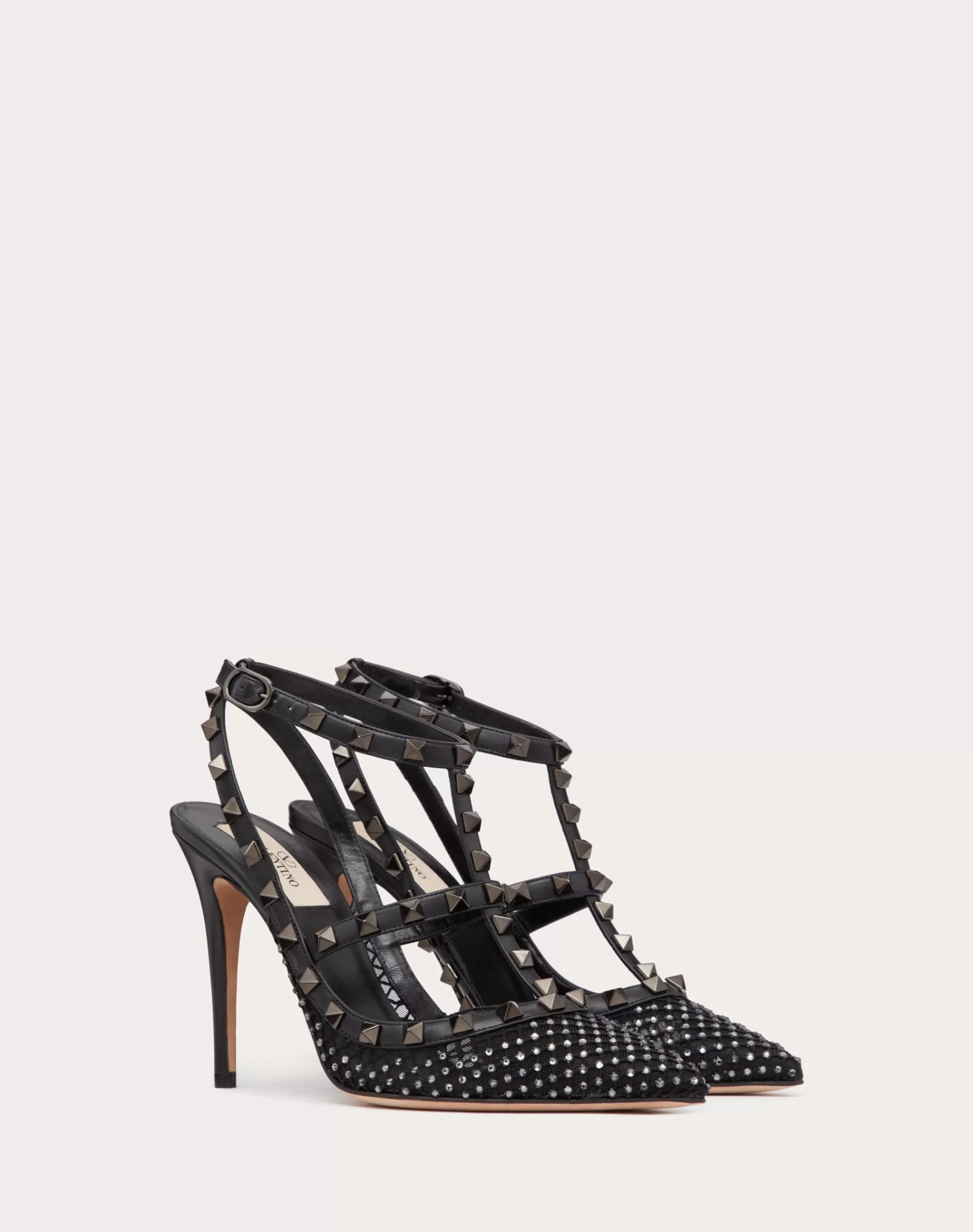 Valentino ROCKSTUD MESH PUMP WITH CRYSTALS AND STRAPS 100MM Black Hot