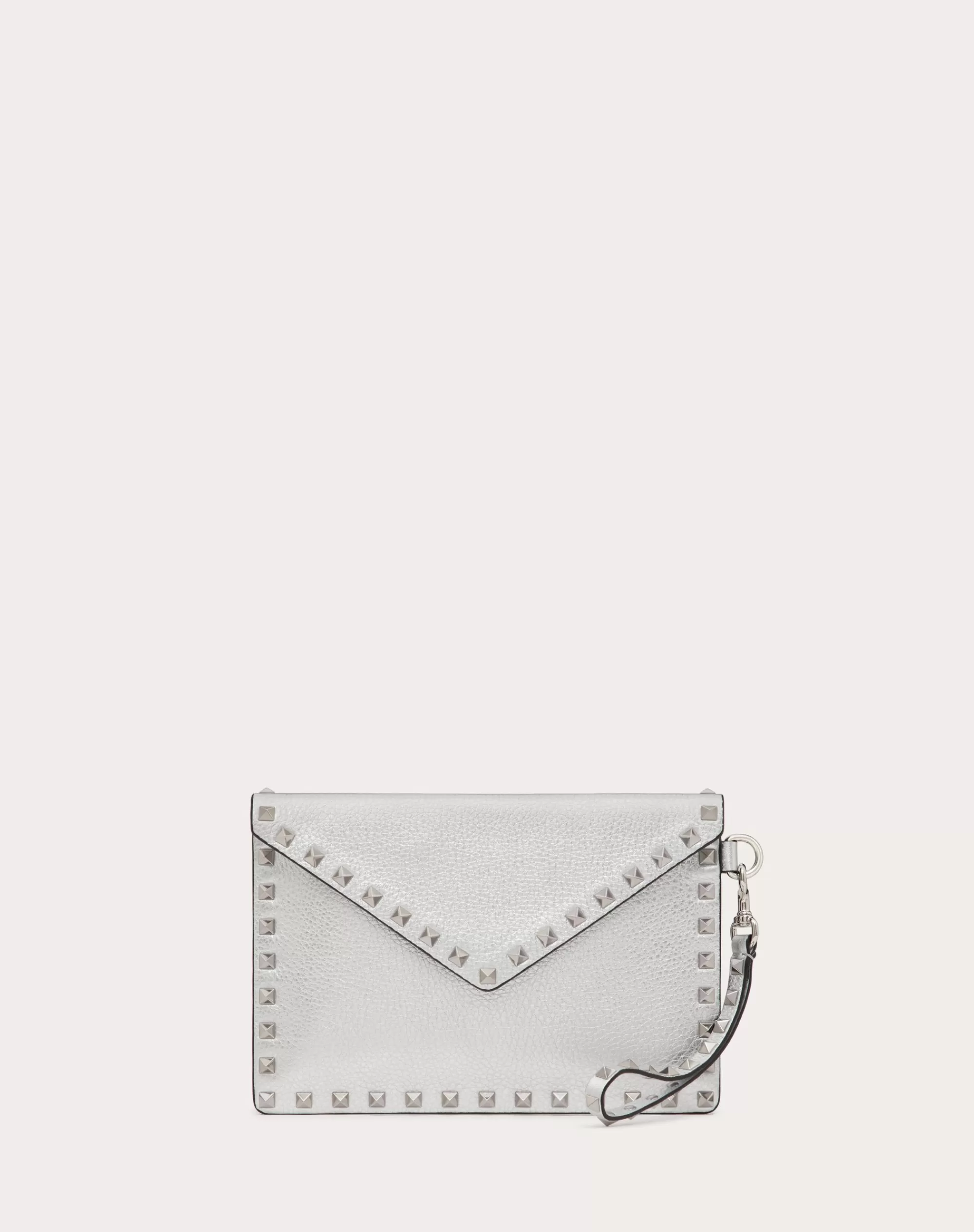 Valentino ROCKSTUD METALLIC GRAINY CALFSKIN CLUTCH BAG Silver Best Sale