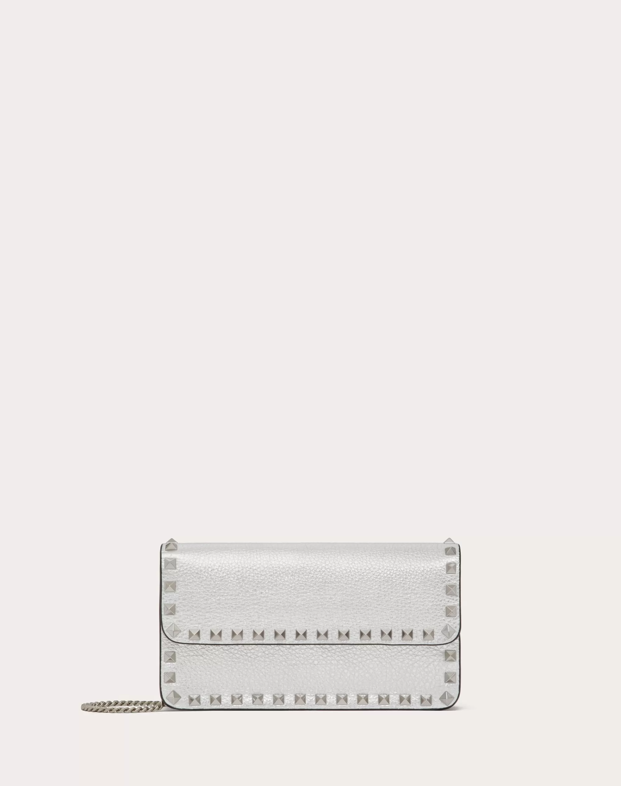 Valentino ROCKSTUD METALLIC GRAINY CALFSKIN WALLET WITH CHAIN Silver Clearance