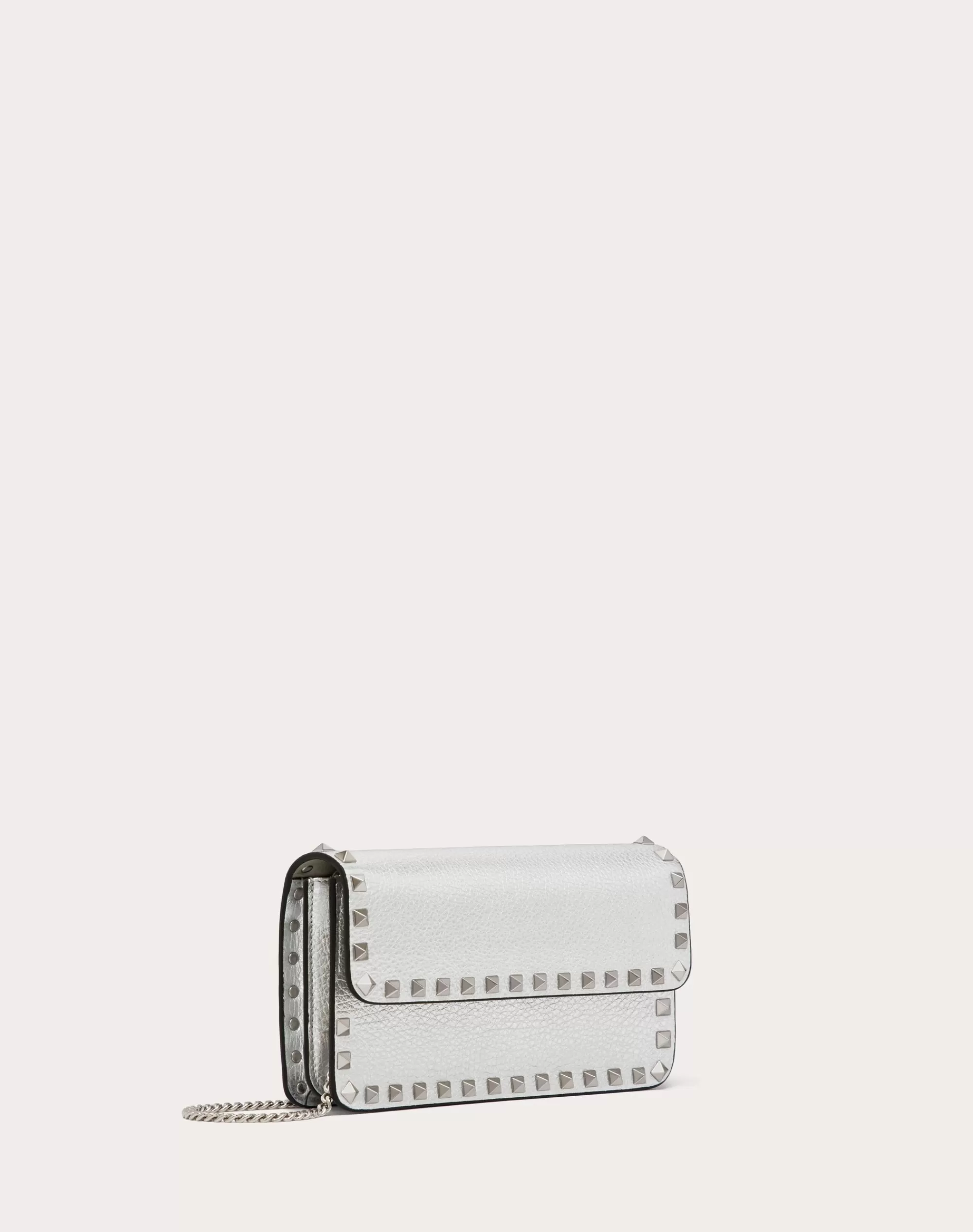 Valentino ROCKSTUD METALLIC GRAINY CALFSKIN WALLET WITH CHAIN Silver Clearance