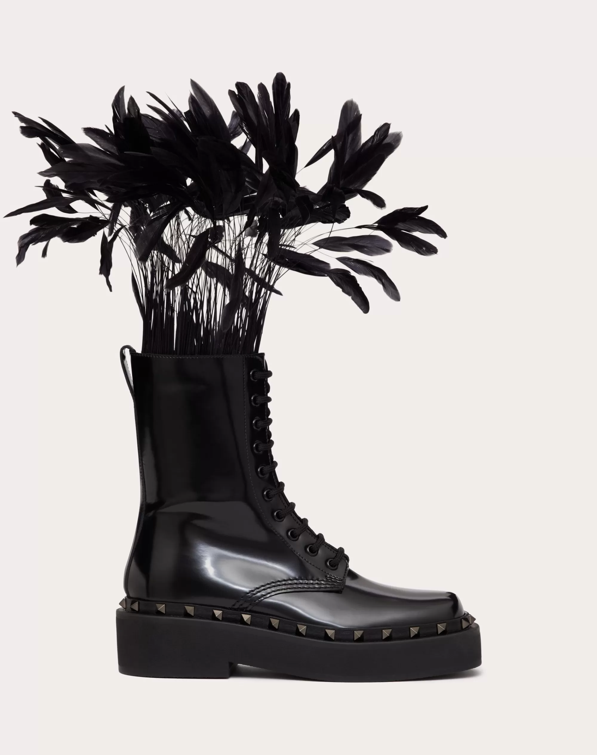 Valentino ROCKSTUD M-WAY COMBAT BOOT IN CALFSKIN WITH FEATHERS 50MM Black Cheap