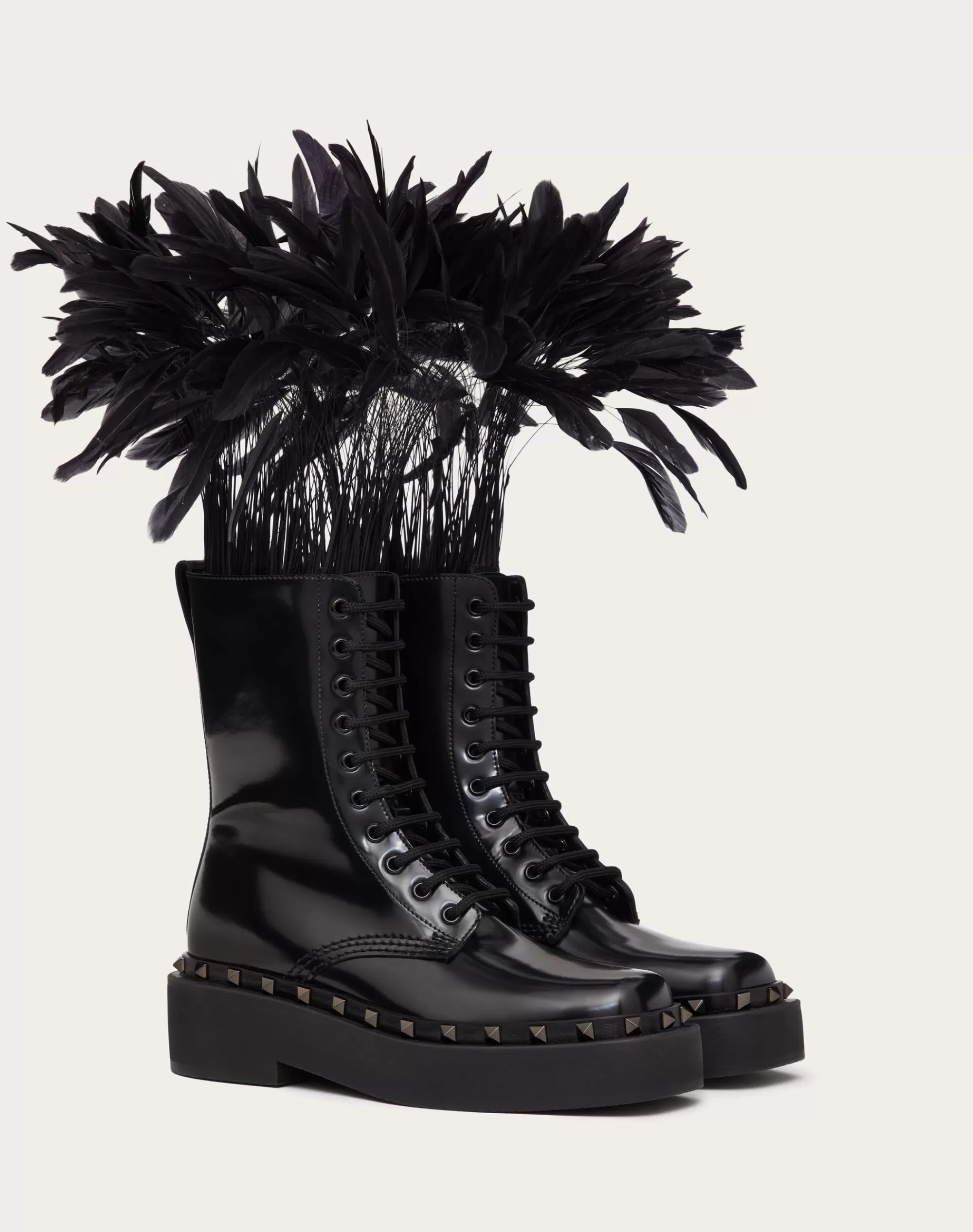 Valentino ROCKSTUD M-WAY COMBAT BOOT IN CALFSKIN WITH FEATHERS 50MM Black Cheap