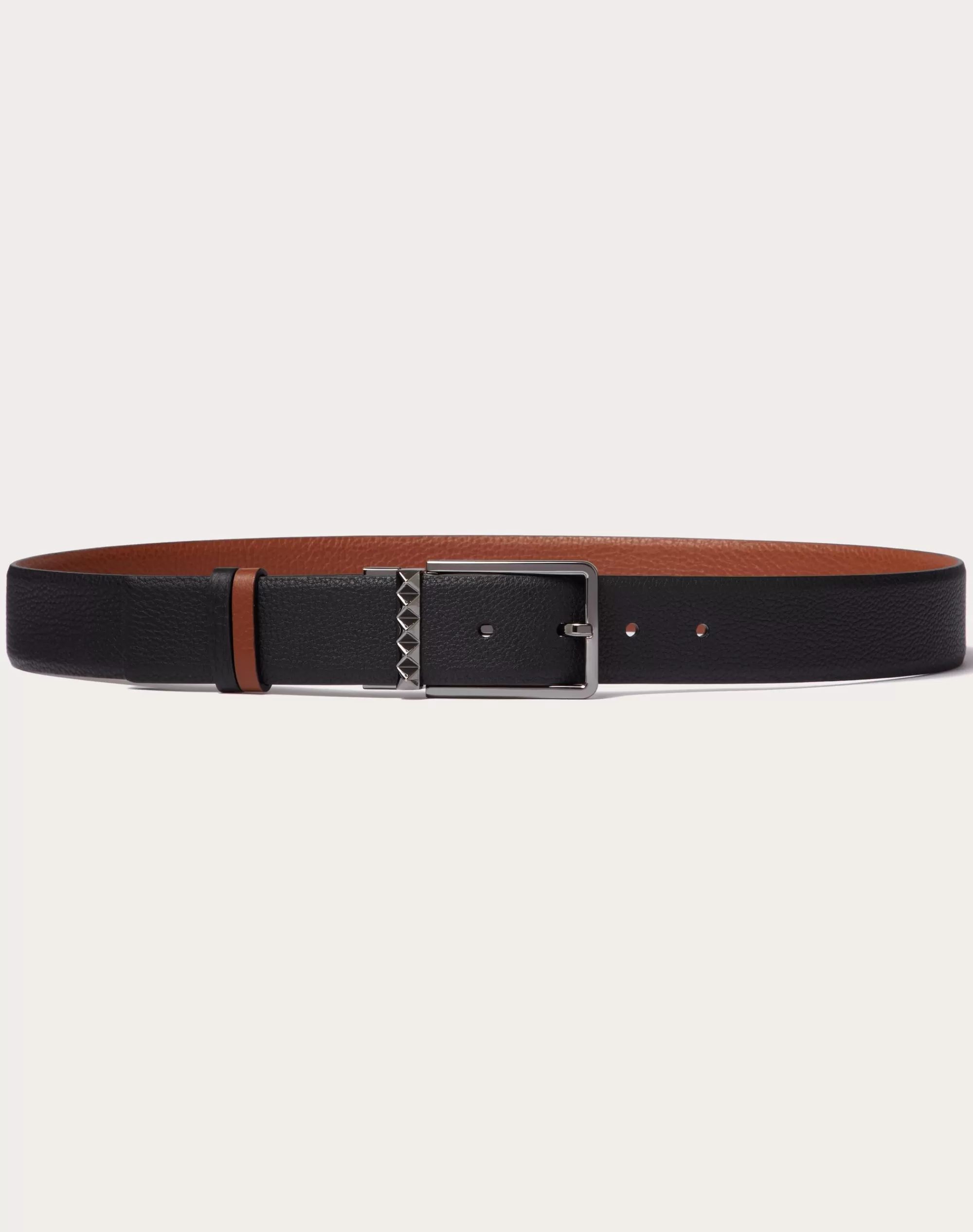 Valentino ROCKSTUD REVERSIBLE BELT IN GRAINY CALFSKIN 35 MM Black/saddleBrown Hot