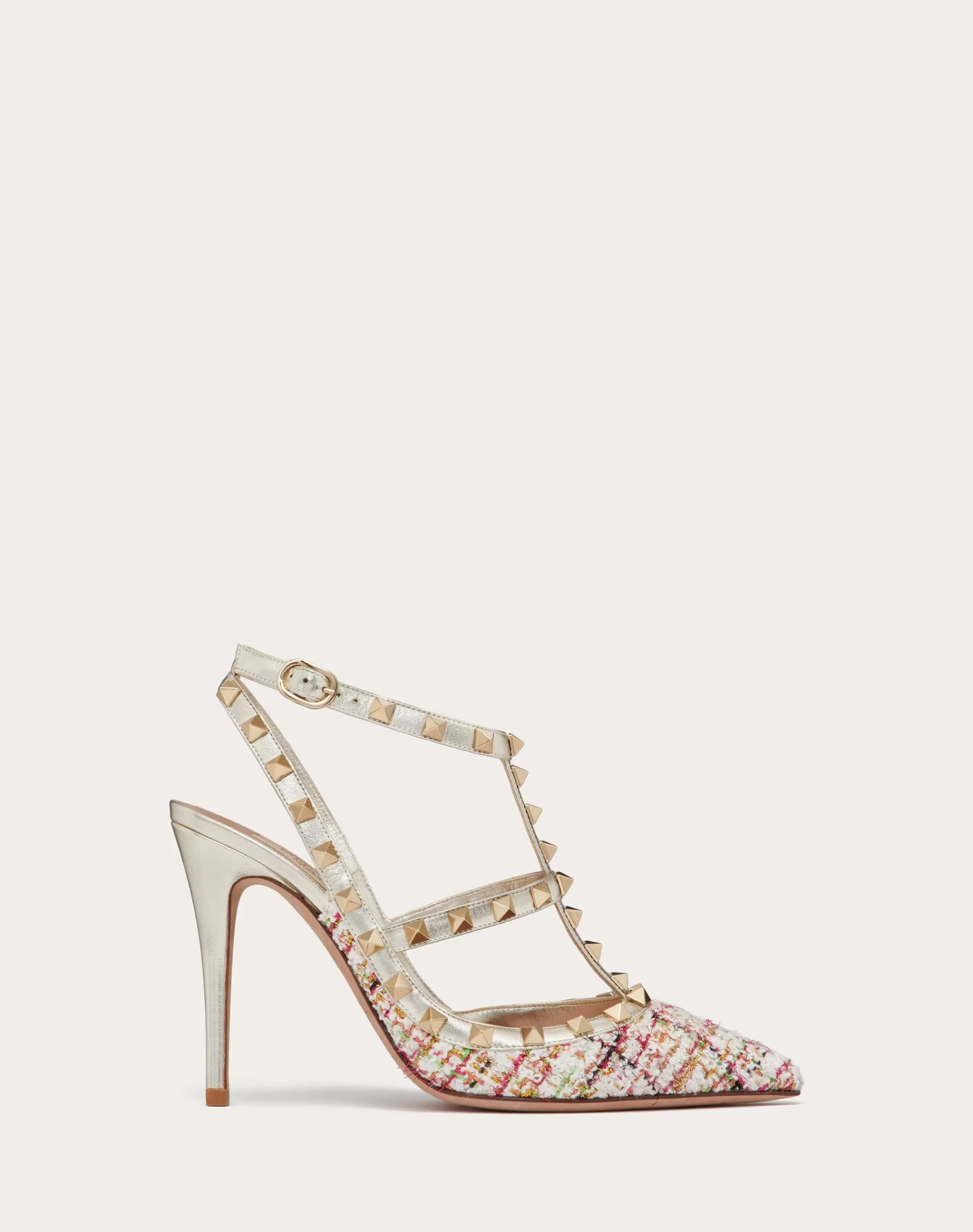 Valentino ROCKSTUD TWEED PUMP WITH STRAPS 100MM Multicolor/platinum New