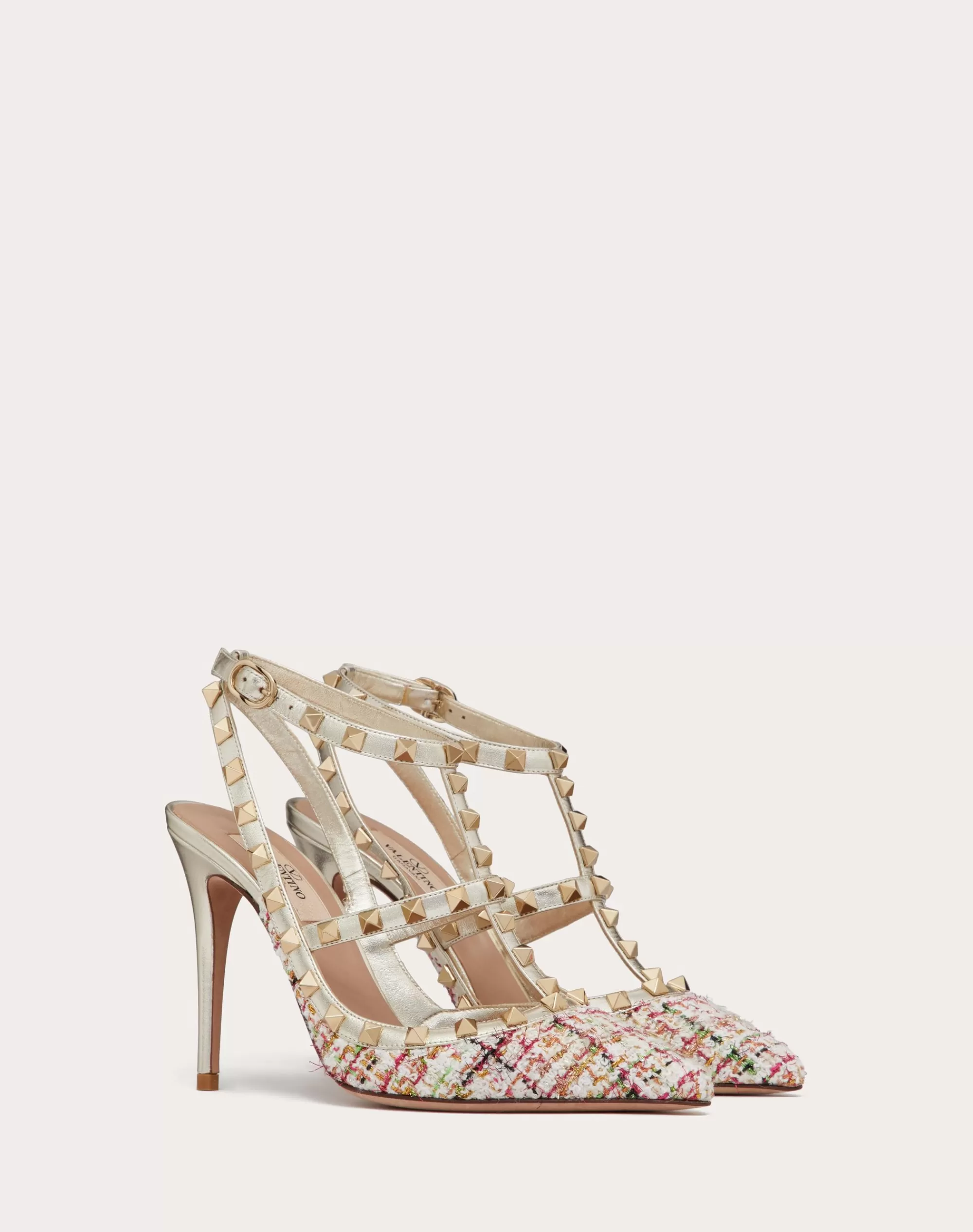 Valentino ROCKSTUD TWEED PUMP WITH STRAPS 100MM Multicolor/platinum New