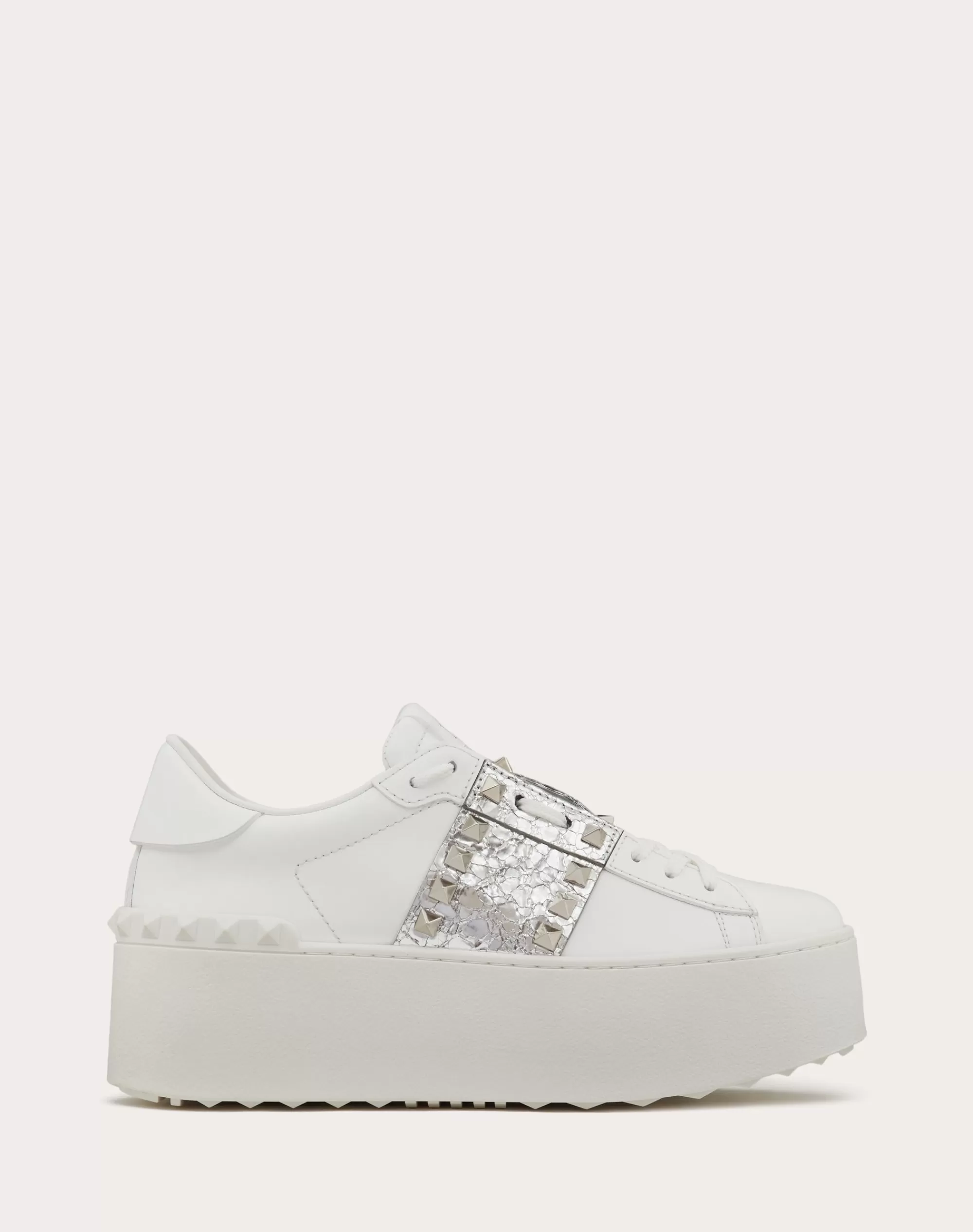 Valentino ROCKSTUD UNTITLED FLATFORM SNEAKER IN CALFSKIN WITH METALLIC White/silver Hot