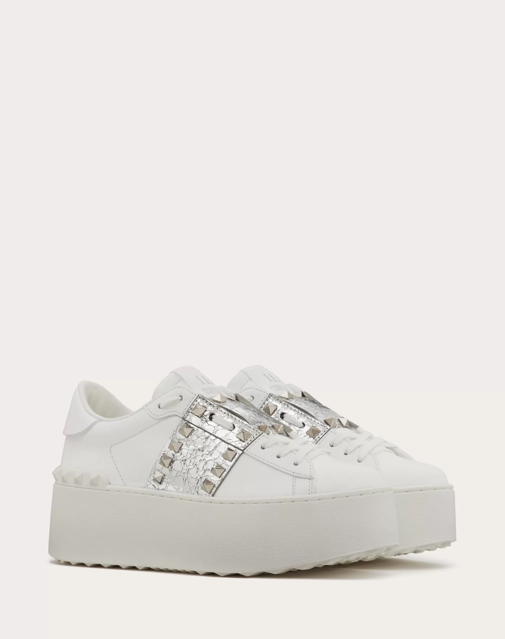 Valentino ROCKSTUD UNTITLED FLATFORM SNEAKER IN CALFSKIN WITH METALLIC White/silver Hot