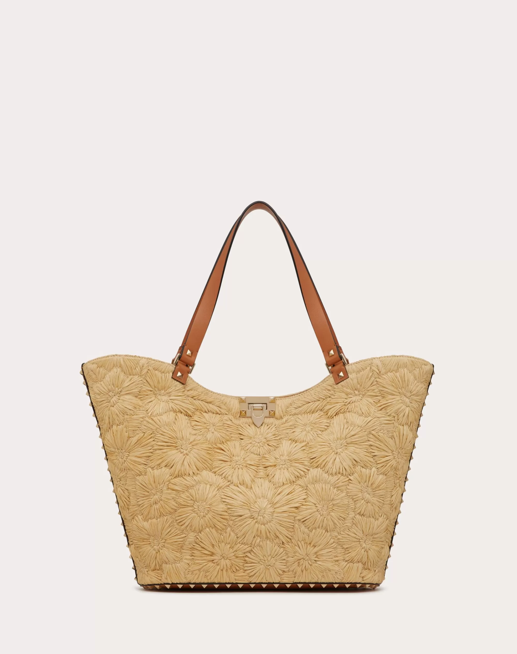 Valentino ROCKSTUD WOVEN RAFFIA SHOPPING BAG Natural/almond Shop