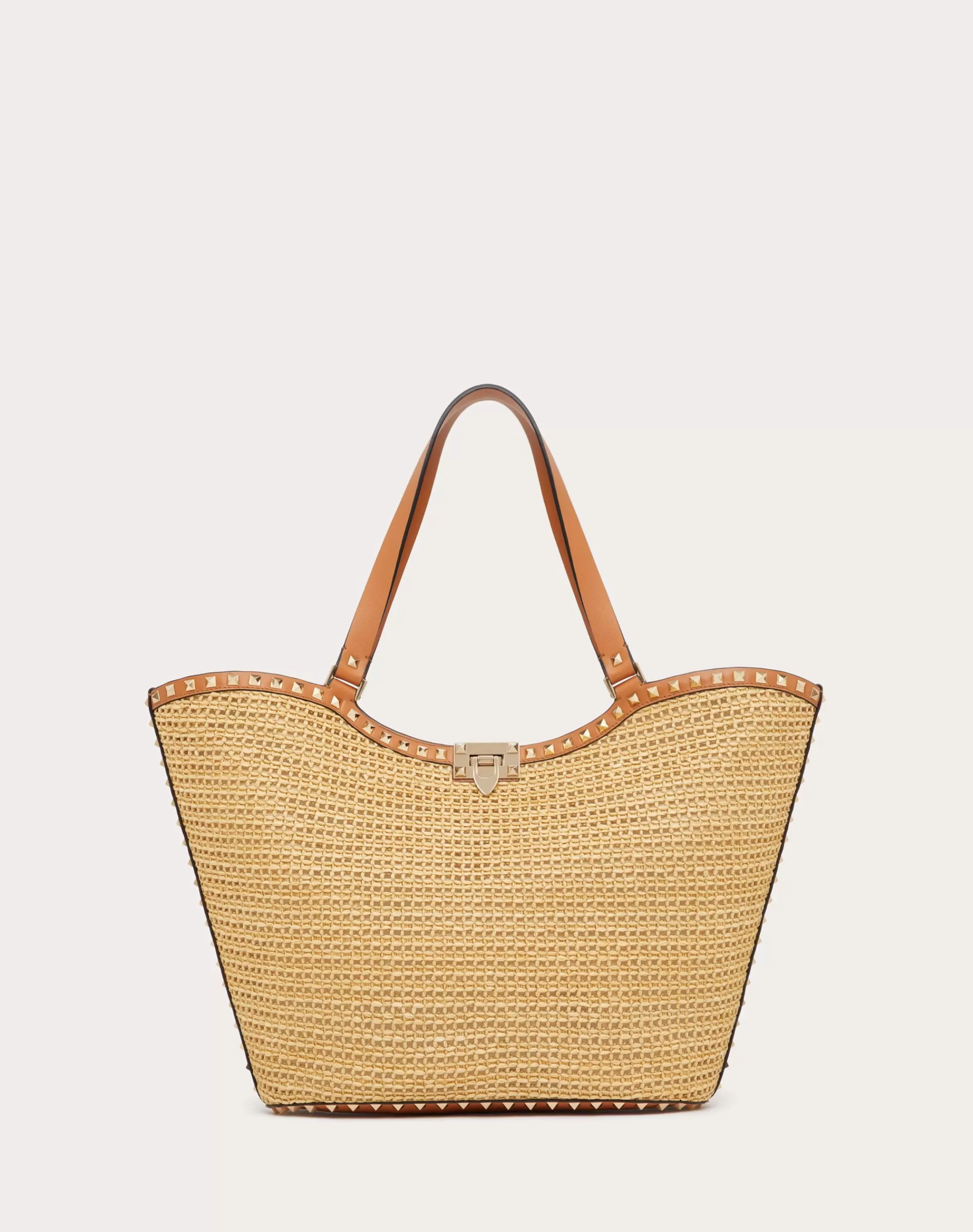 Valentino ROCKSTUD WOVEN RAFFIA SHOPPING BAG Natural/almond Discount