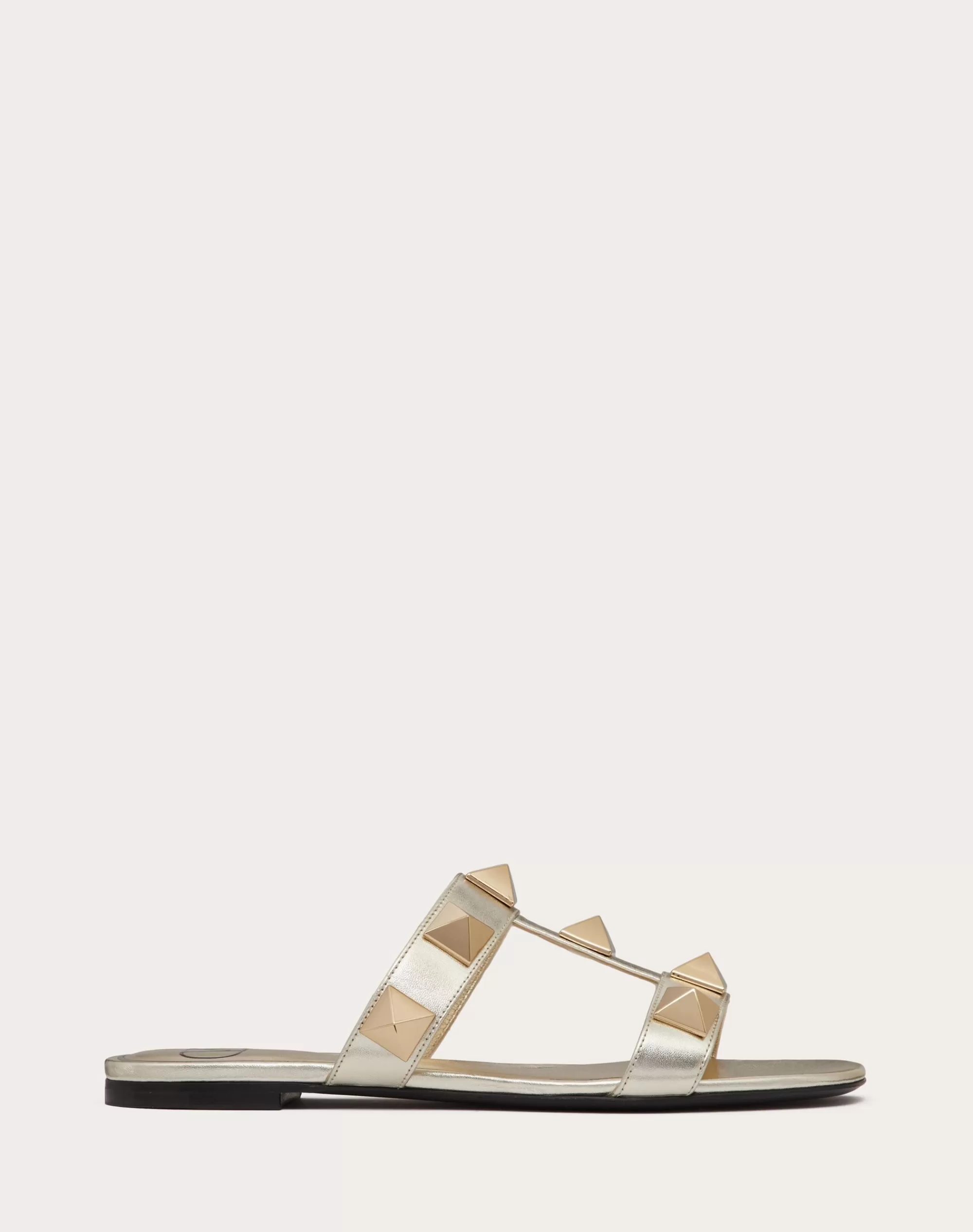 Valentino ROMAN STUD METALLIC NAPPA SLIDE SANDAL WITH MATCHING STUDS Platinum Fashion