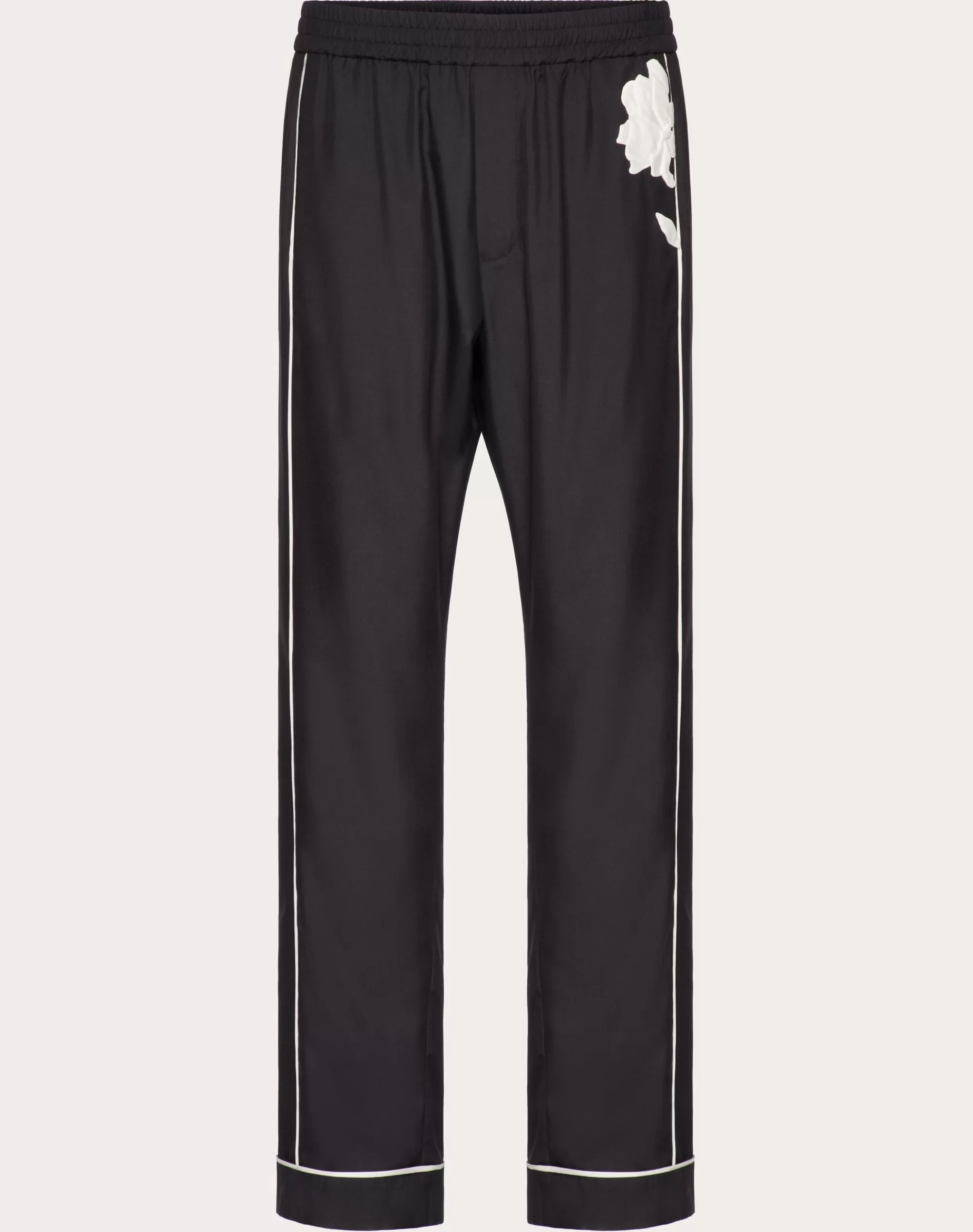 Valentino SILK POPLIN PAJAMA PANTS WITH FLOWER EMBROIDERY Black Store