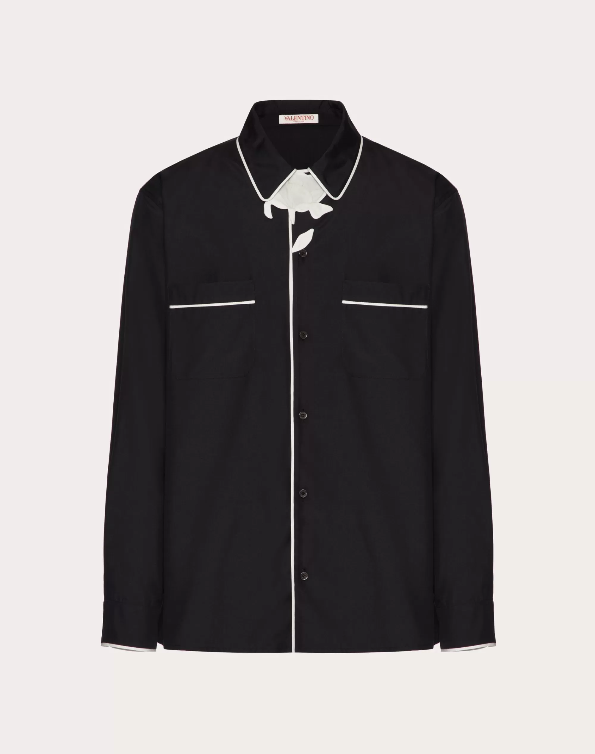 Valentino SILK POPLIN PAJAMA SHIRT WITH FLOWER EMBROIDERY Black Outlet