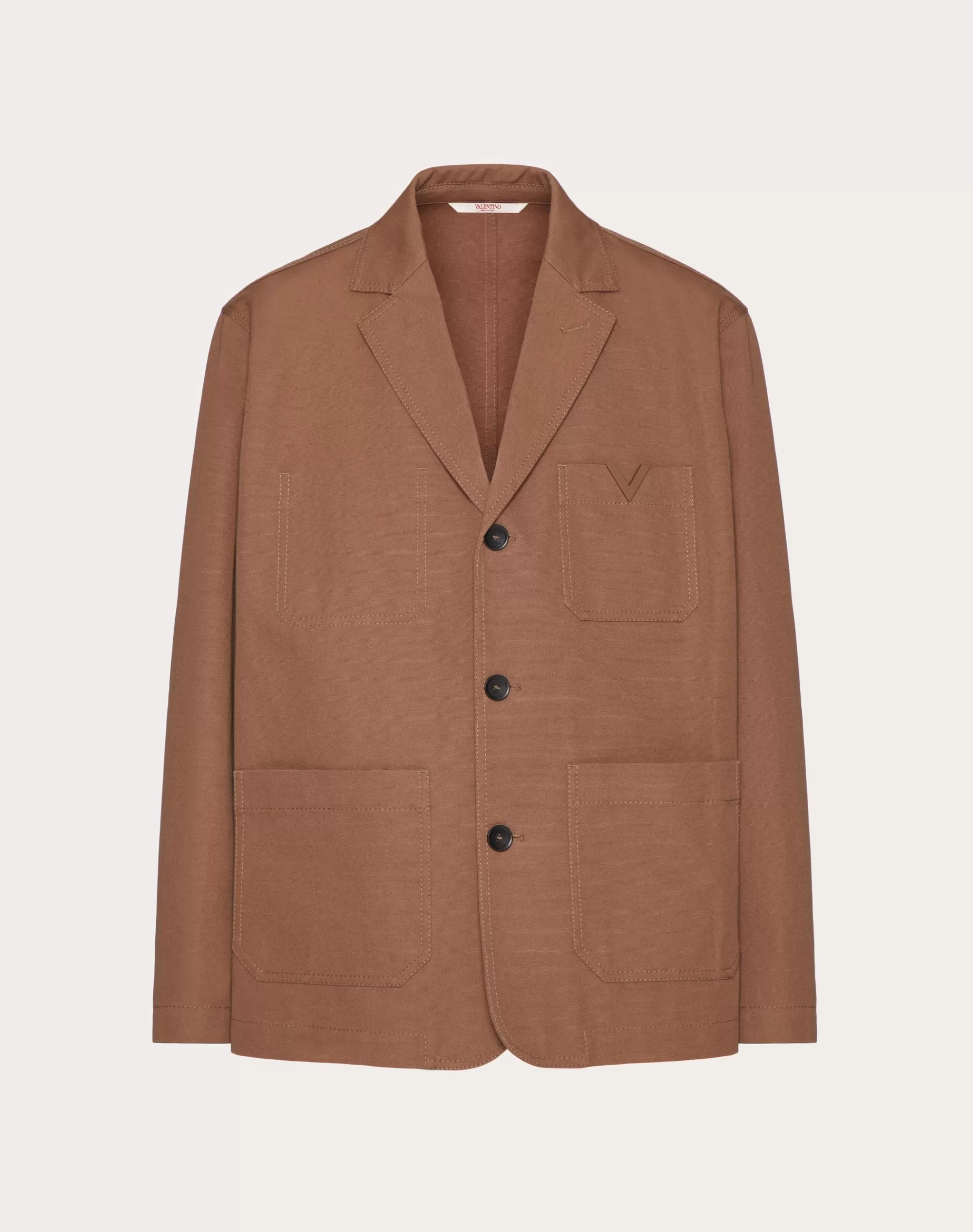 Valentino SINGLE-BREASTED STRETCH COTTON CANVAS JACKET WITH RUBBERIZED V DETAIL Clay Online