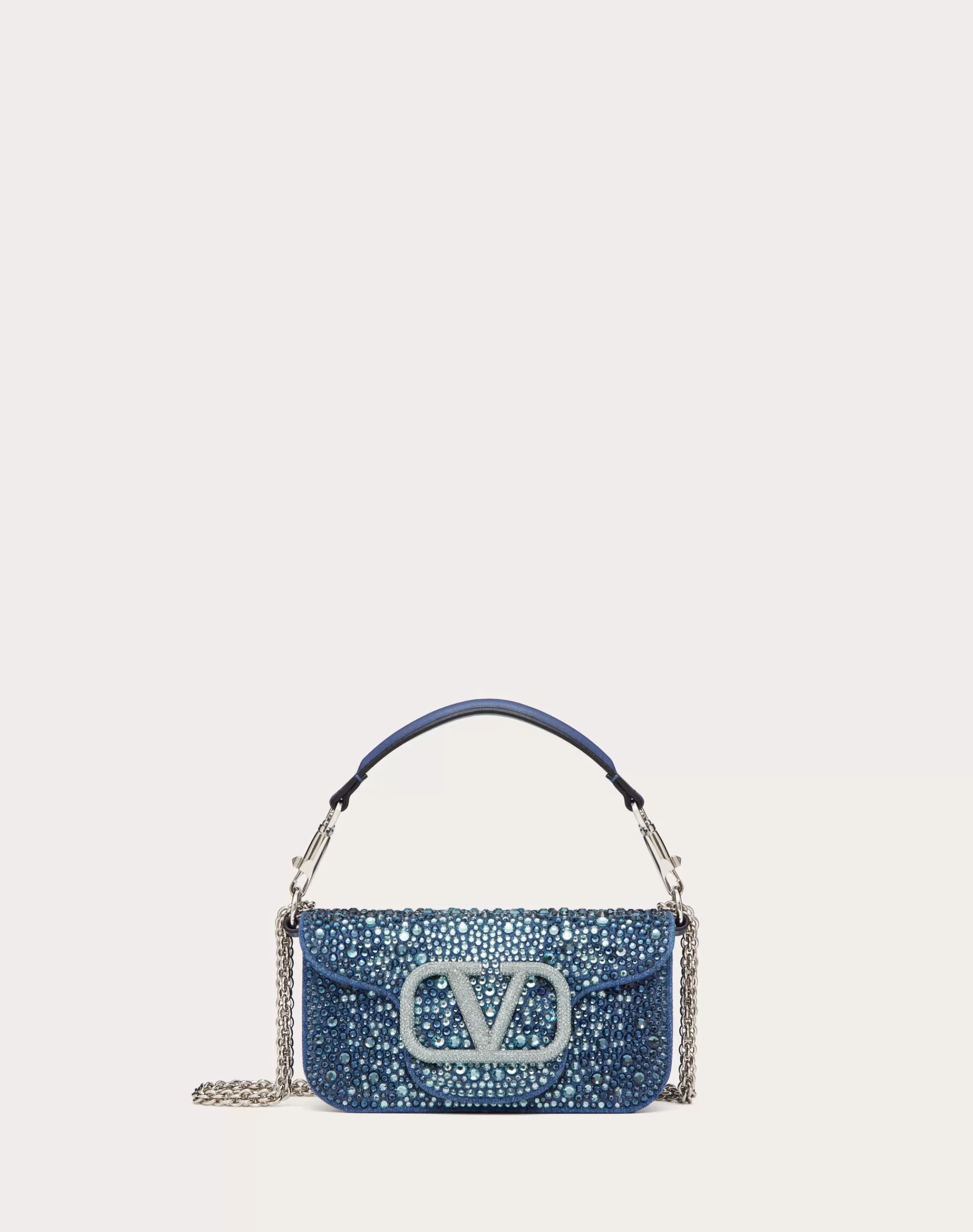 Valentino SMALL LOCÒ DENIM SHOULDER BAG WITH RHINESTONES Blue Flash Sale