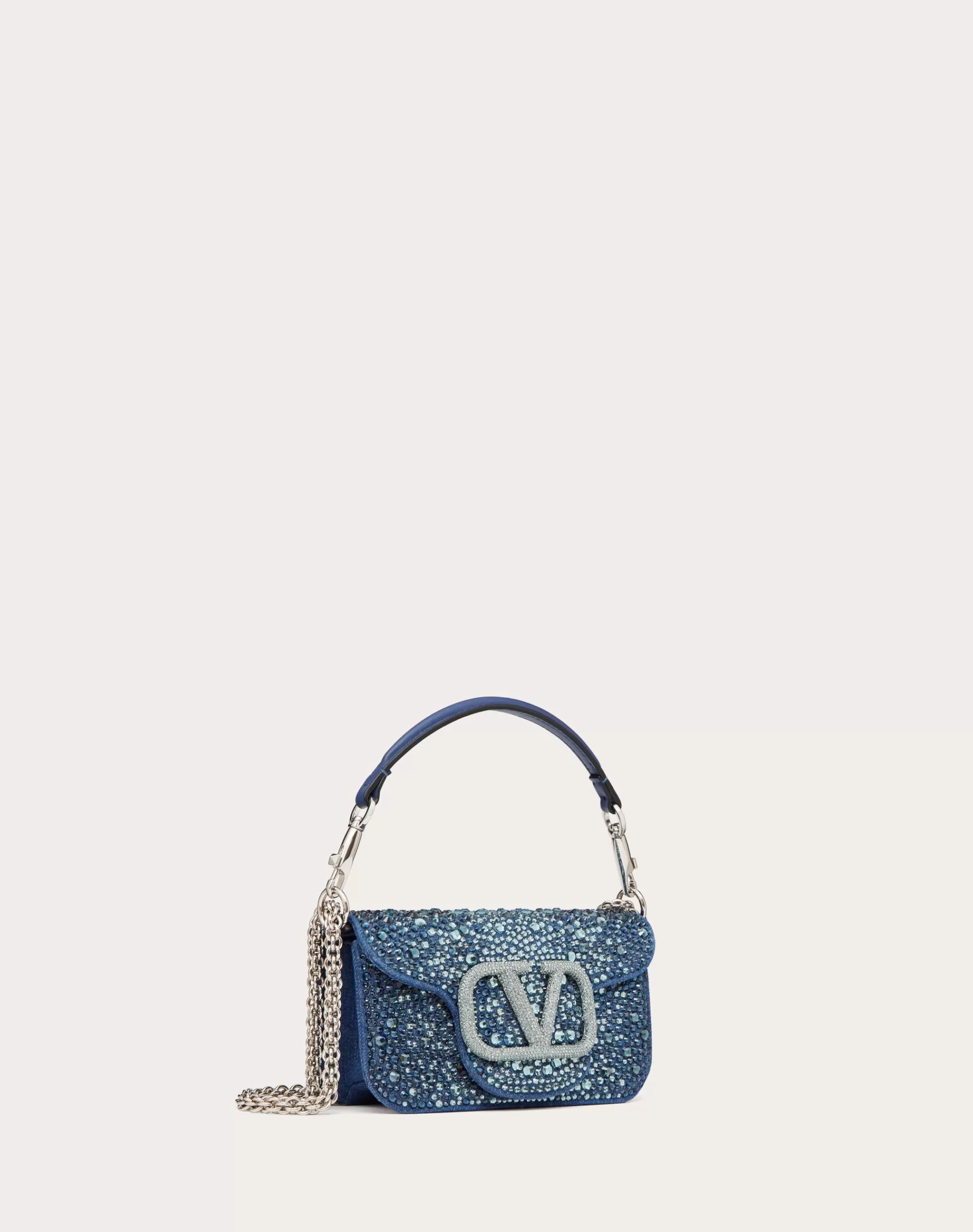 Valentino SMALL LOCÒ DENIM SHOULDER BAG WITH RHINESTONES Blue Flash Sale