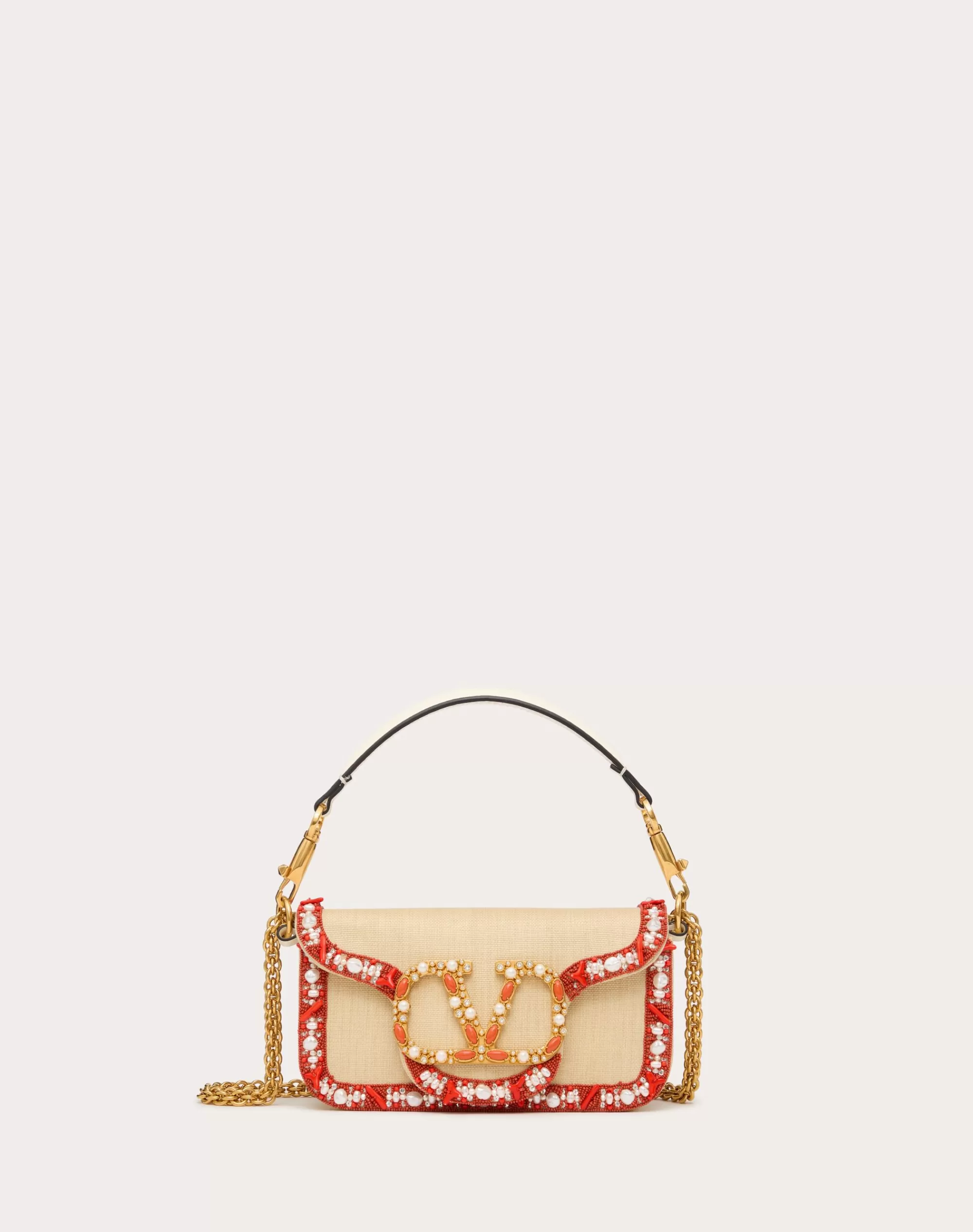 Valentino SMALL LOCÒ RAFFIA SHOULDER BAG WITH EMBROIDERED TRIM Natural/coral Best Sale